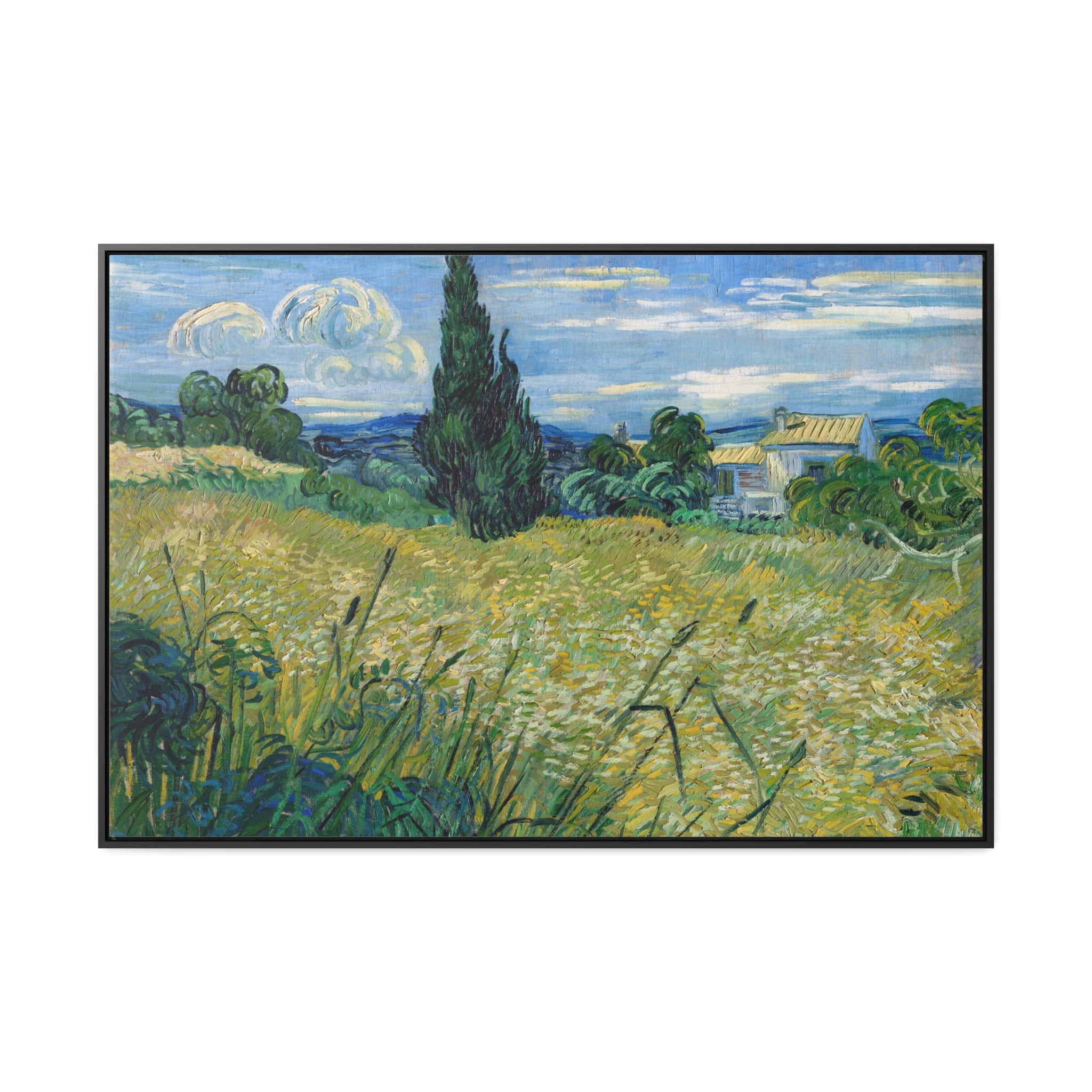 Extra Large Wall Art: Van Gogh's Green Wheat Field with Cypress 48x32 Framed Canvas 