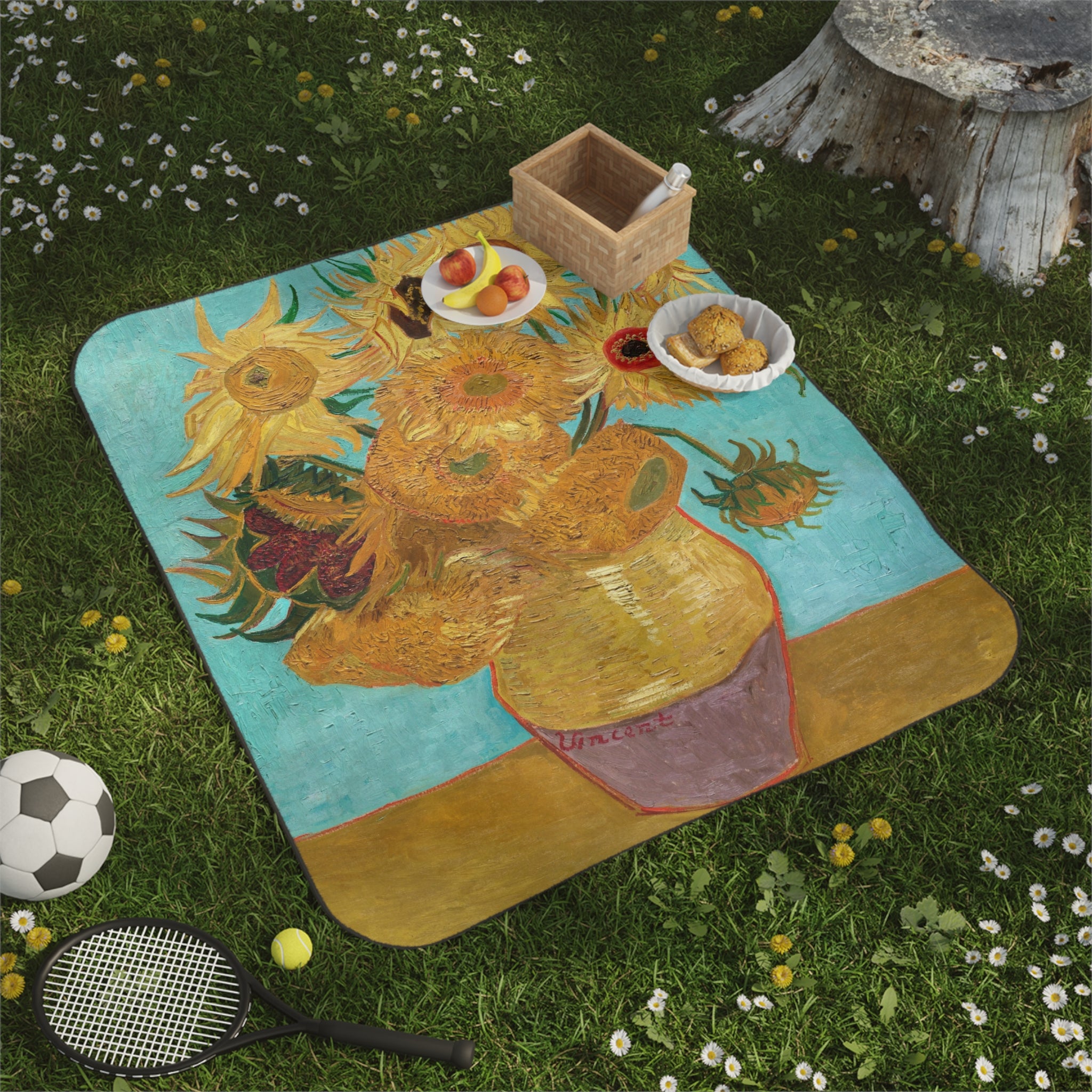 Beautiful and vibrant picnic blanket featuring Van Gogh's Sunflowers masterpiece