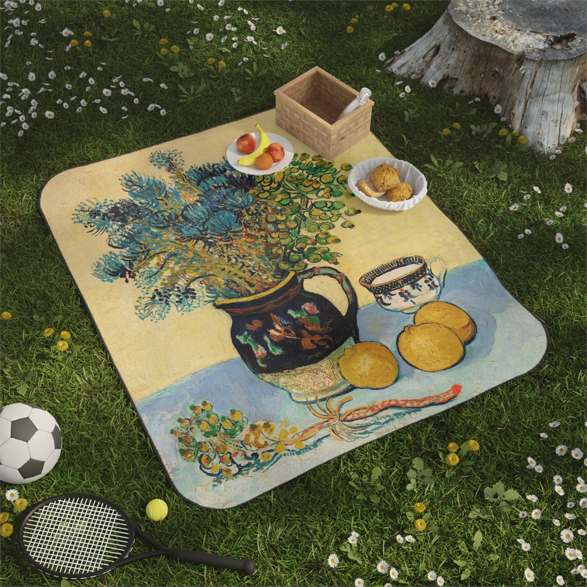 Van Gogh-inspired fine art picnic blanket featuring 'Still Life' masterpiece for outdoor dining