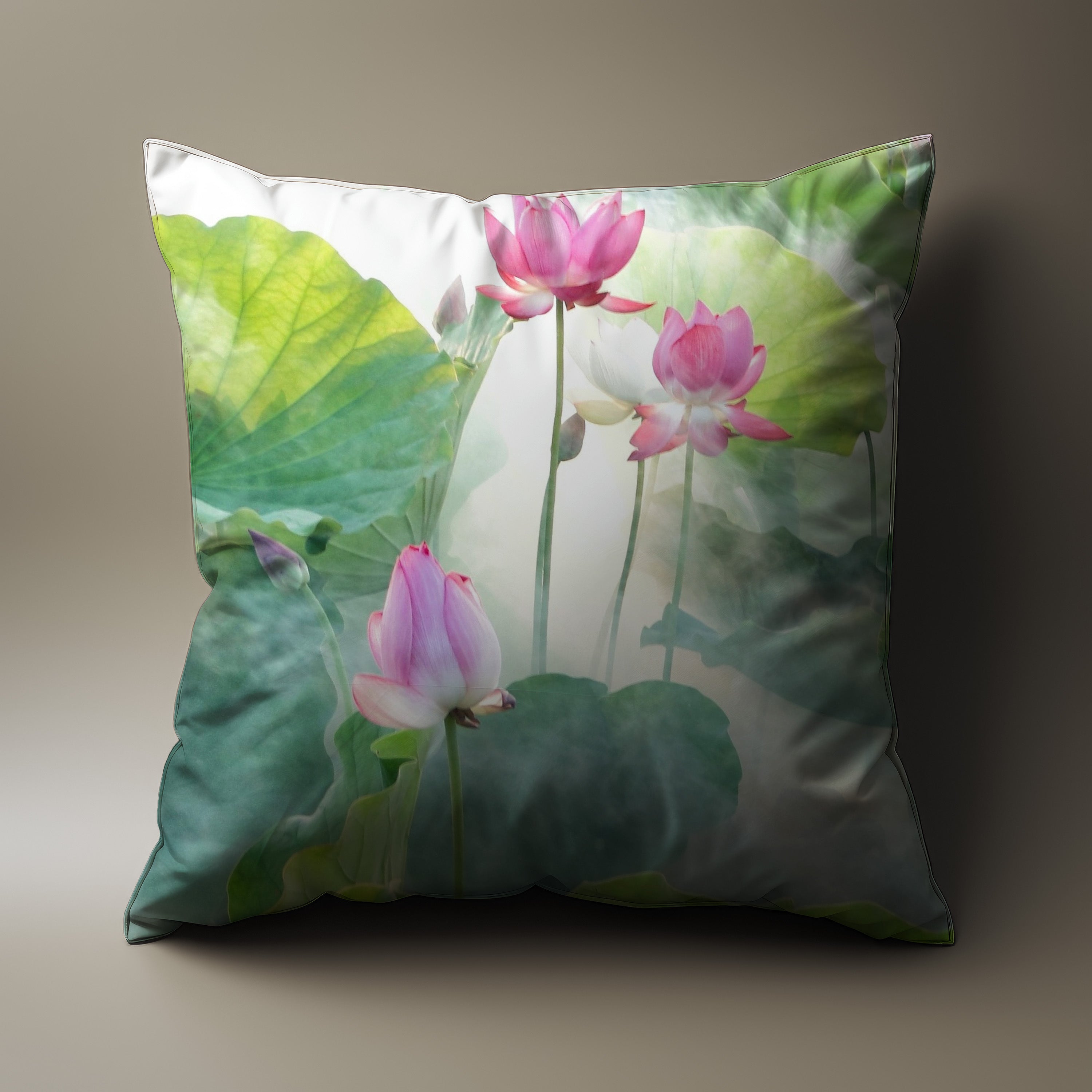 Japanese artist-created throw pillow with exquisite lotus flower embroidery