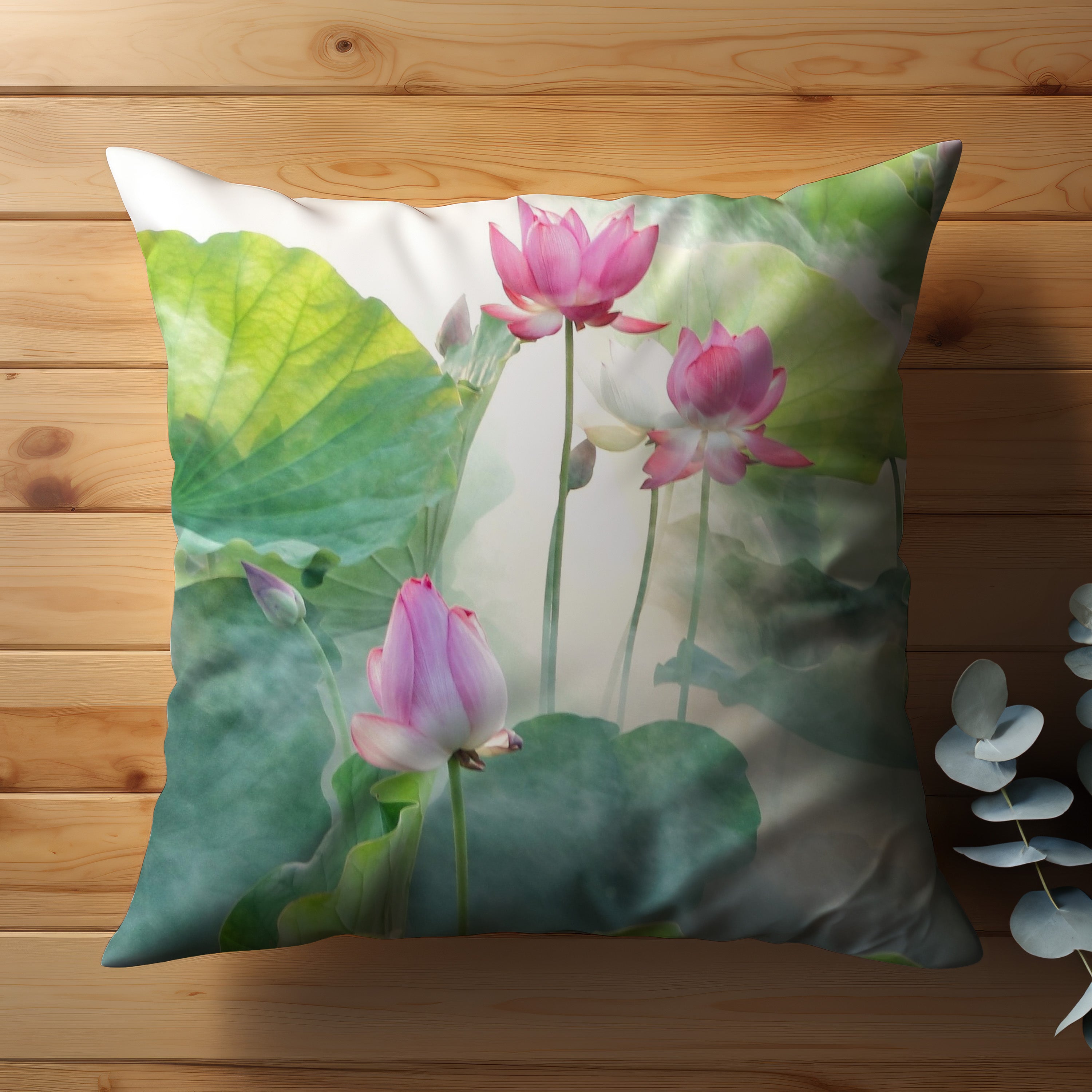 Enchant Your Space: Lotus Flower Pillow by Japanese Artist - Elegance & Serenity in Every Stitch throw pillow on a white sofa