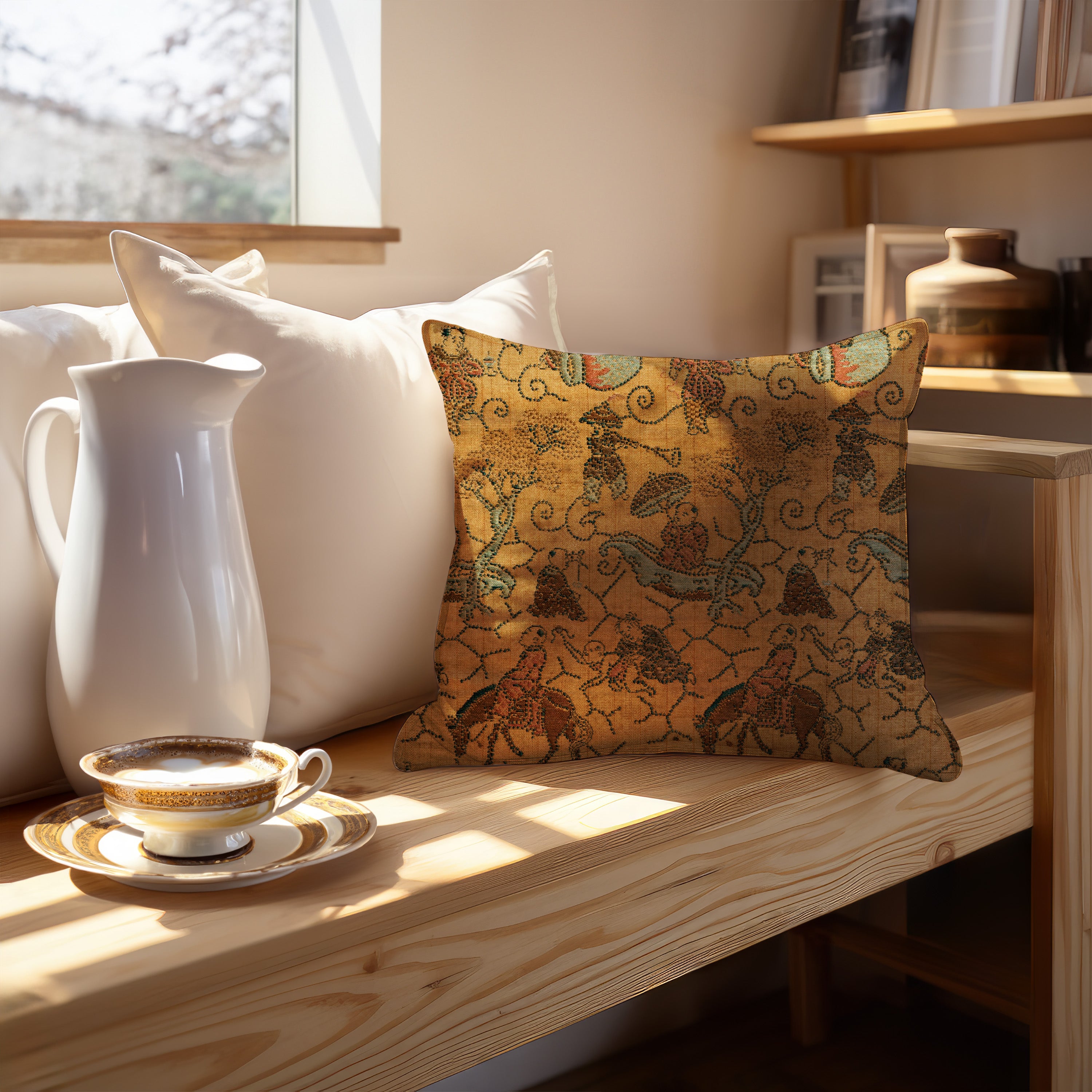 Decorative square pillow with traditional Japanese fabric print