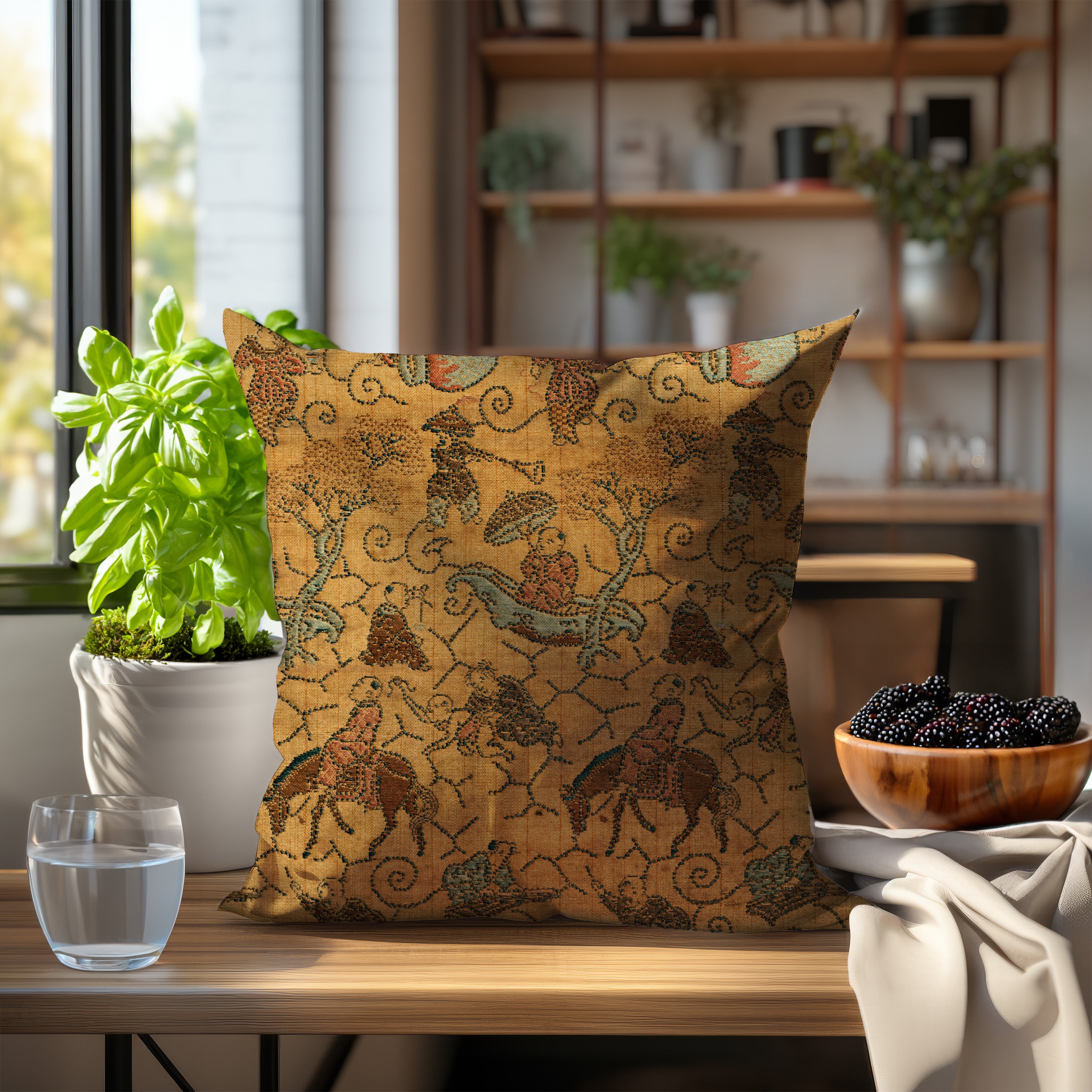 Colorful throw pillow featuring intricate Japanese floral and bird patterns