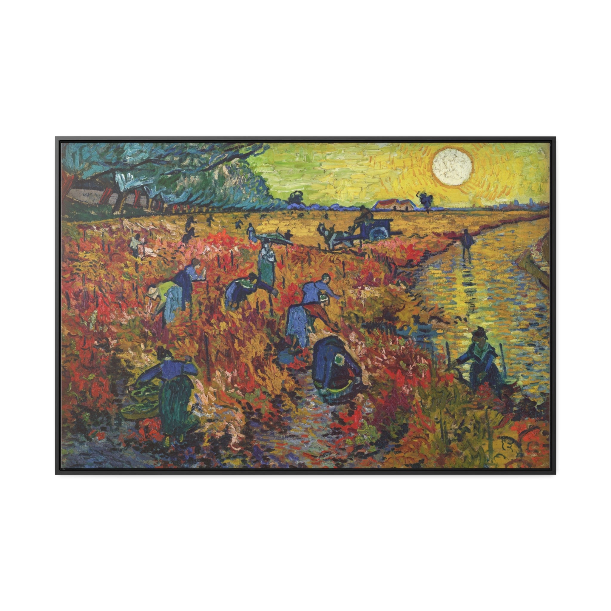 Van Gogh Red Vineyard 48x32 Framed Canvas in a gold frame with vibrant red and green colors