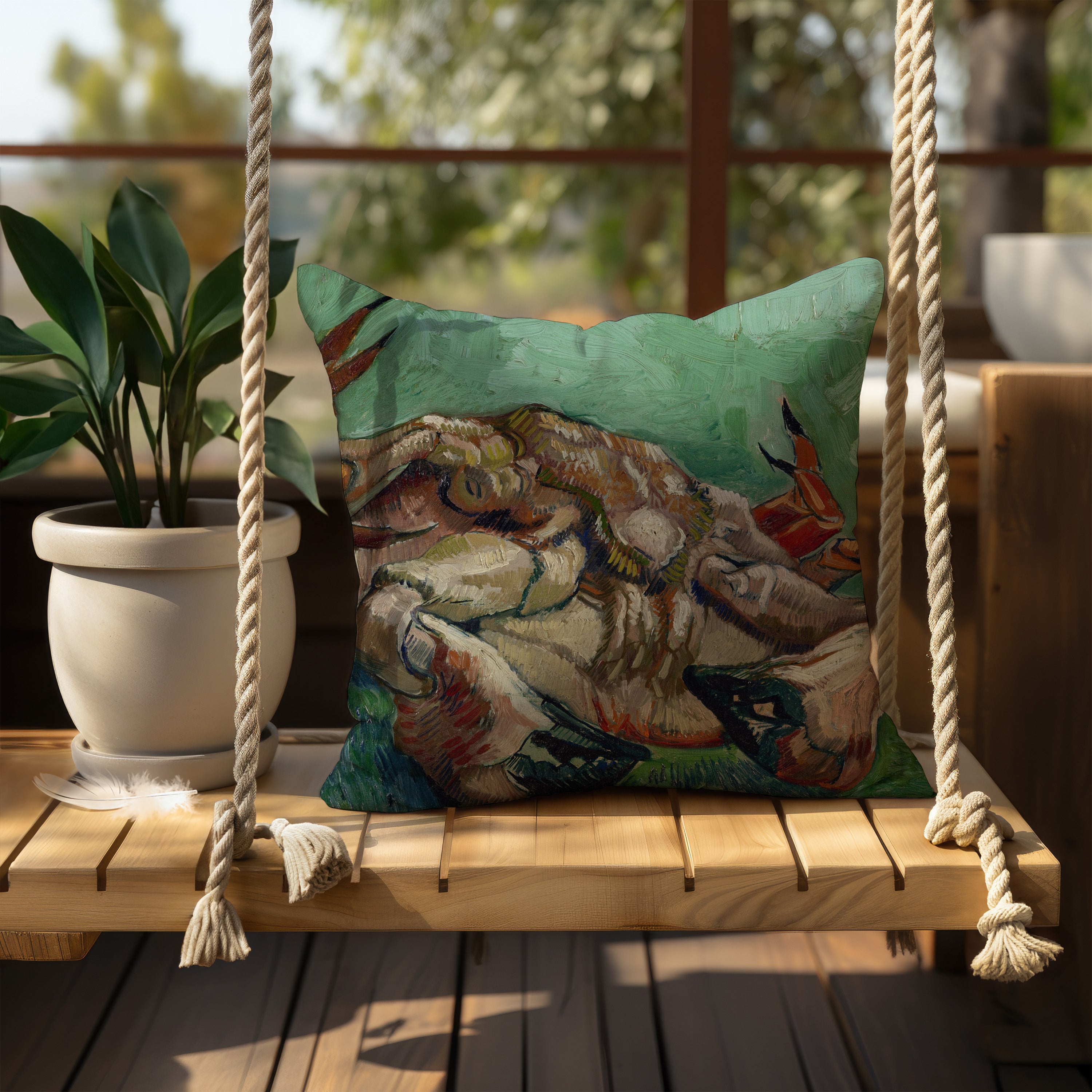 Throw pillow featuring the iconic 'Crab on His Back' painting by Van Gogh