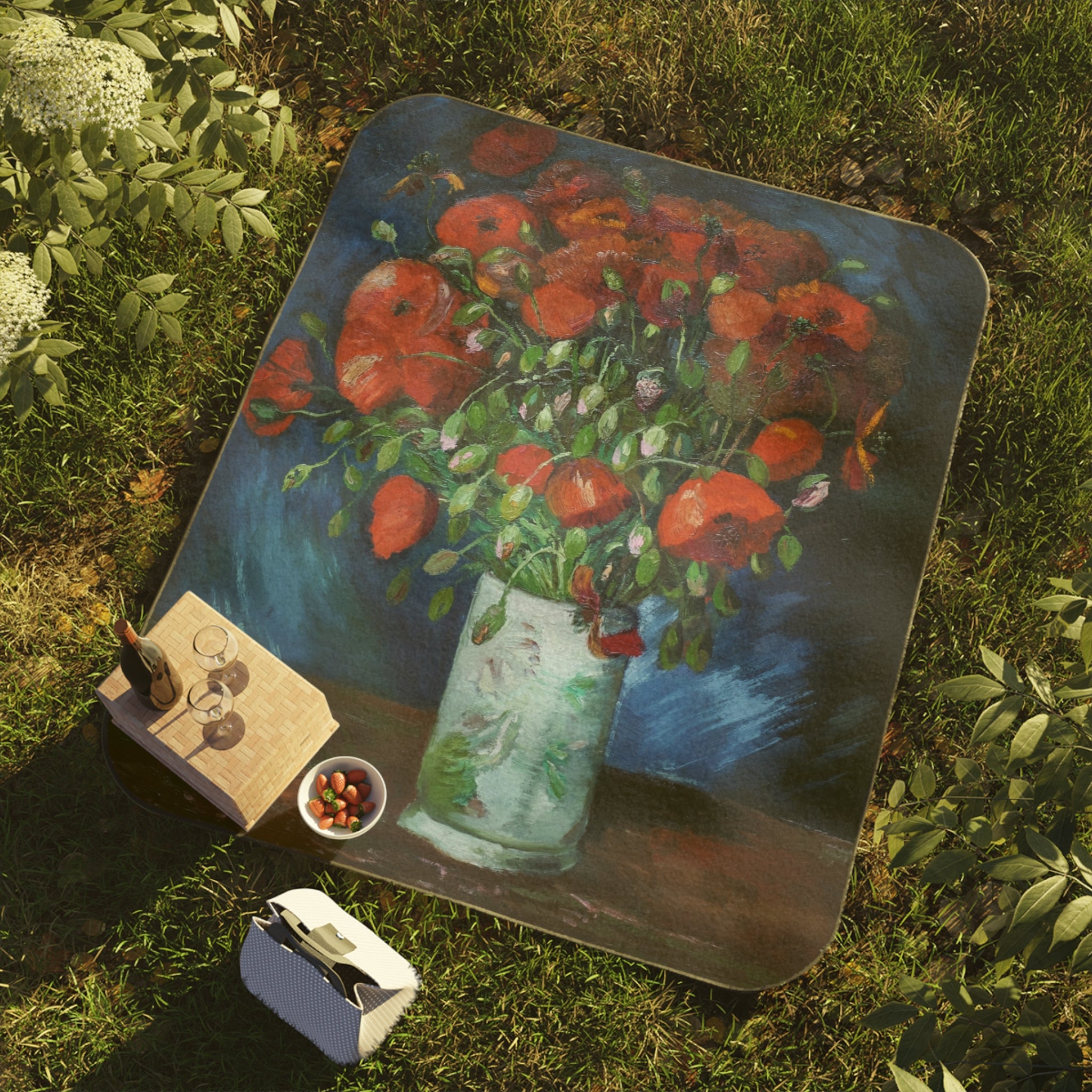 Van Gogh's Vase with Poppies Fine Art Picnic Blanket - A beautiful and elegant outdoor leisure blanket inspired by the masterpiece painting