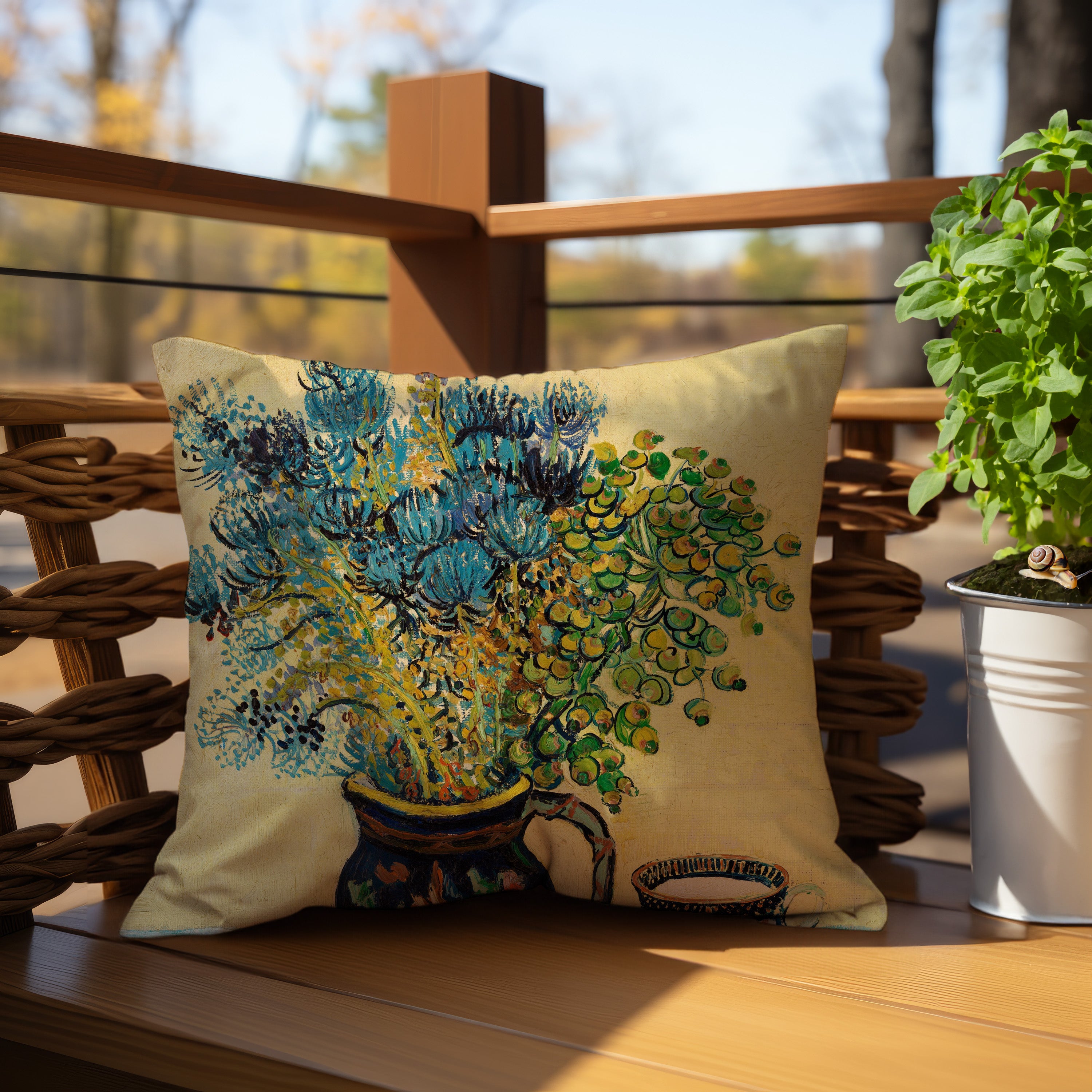  Luxurious throw pillow with a vibrant still life design inspired by Van Gogh 