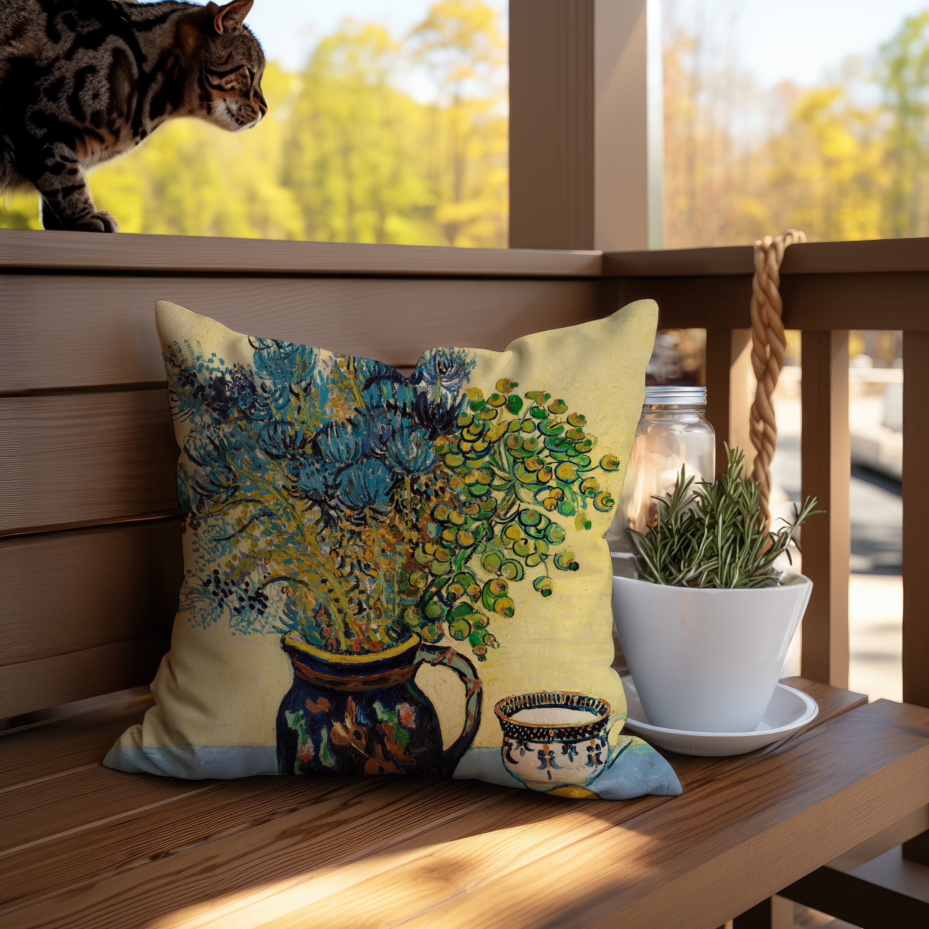 Colorful and vibrant throw pillow featuring a Van Gogh inspired still life design for sofas