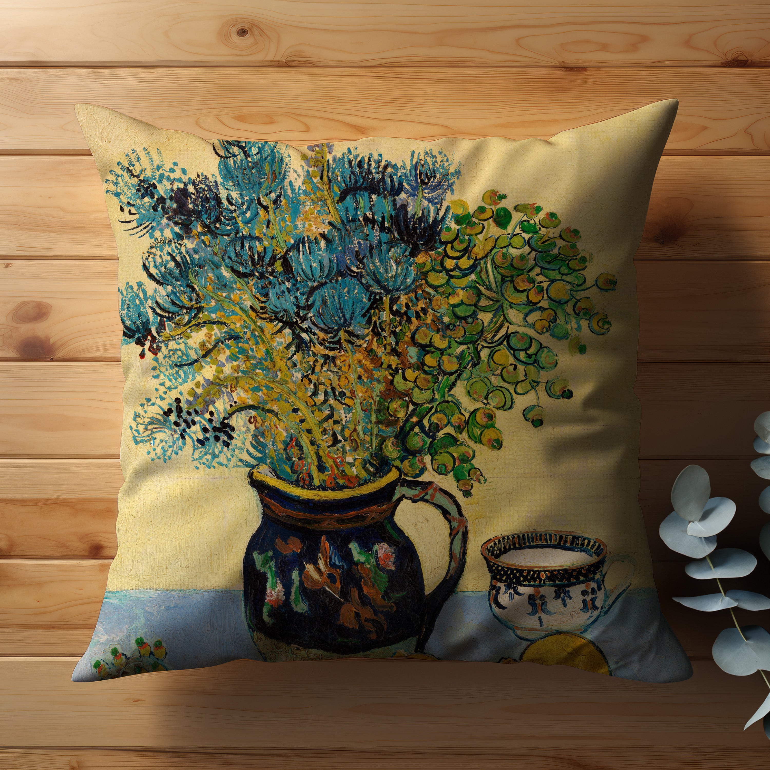 Van Gogh inspired throw pillow with vibrant still life design 