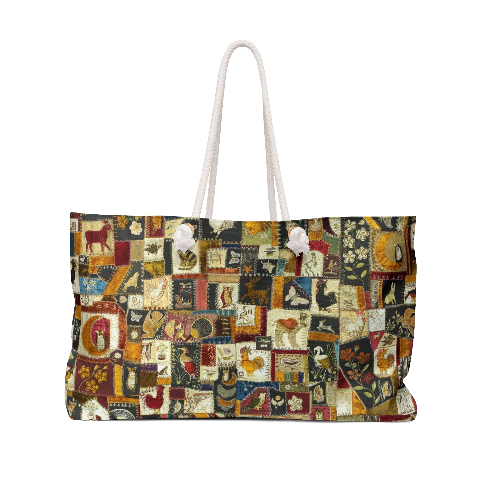 Large Florence Marving CrazyQuilt Weekender Tote Bag with vibrant patchwork design