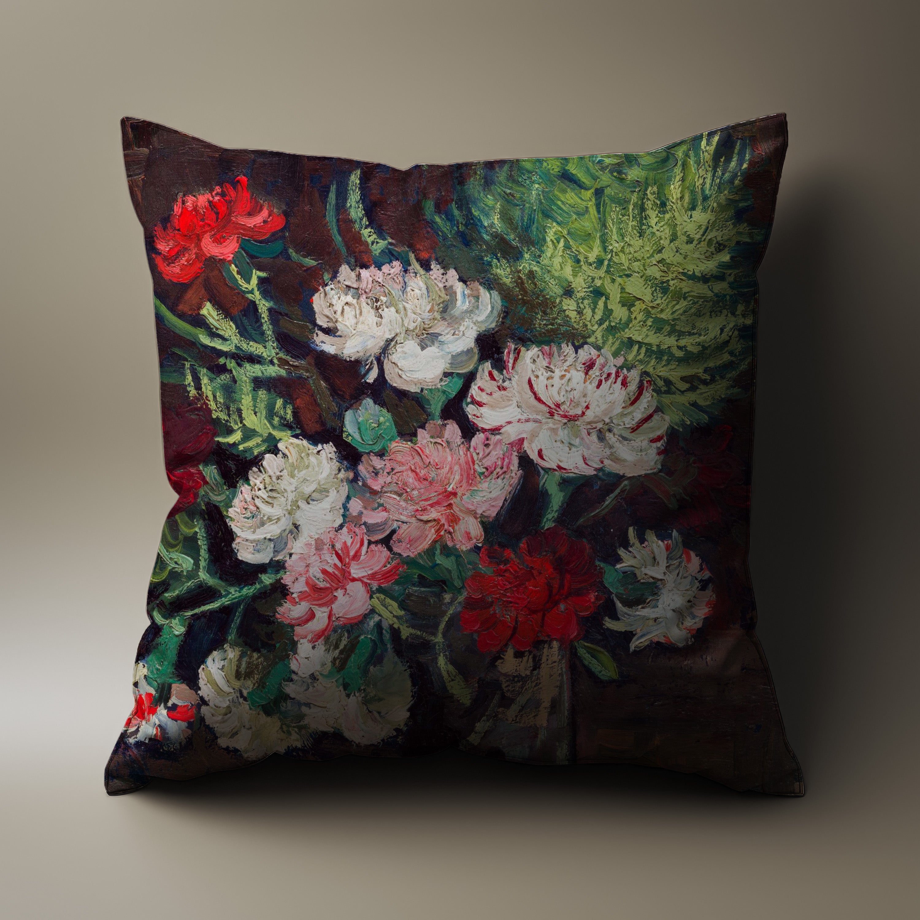 Van Gogh Vase with Carnations Throw Pillow - Beautiful and colorful decorative sofa pillow with a stunning art-inspired design for home comfort and style