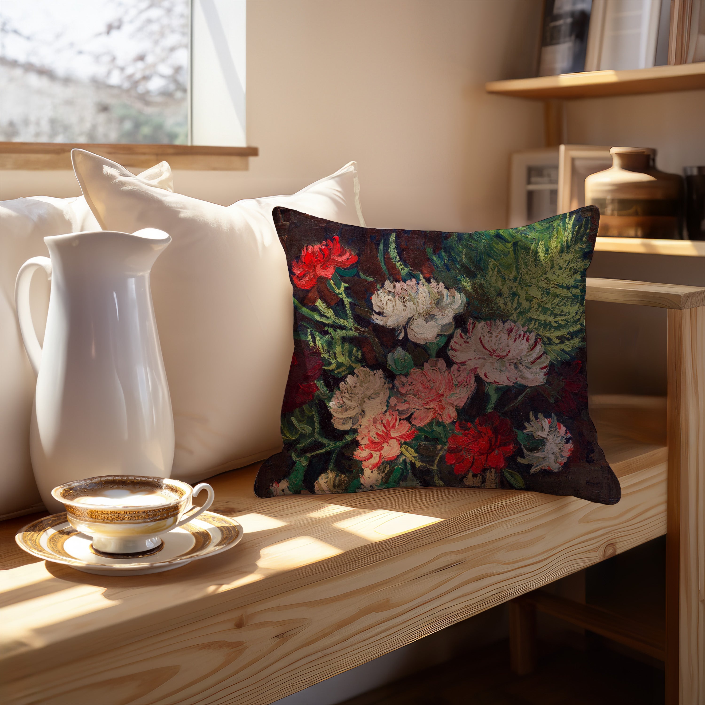 Beautiful and vibrant Van Gogh Vase with Carnations throw pillow for your sofa, adding artistic comfort to your home decor