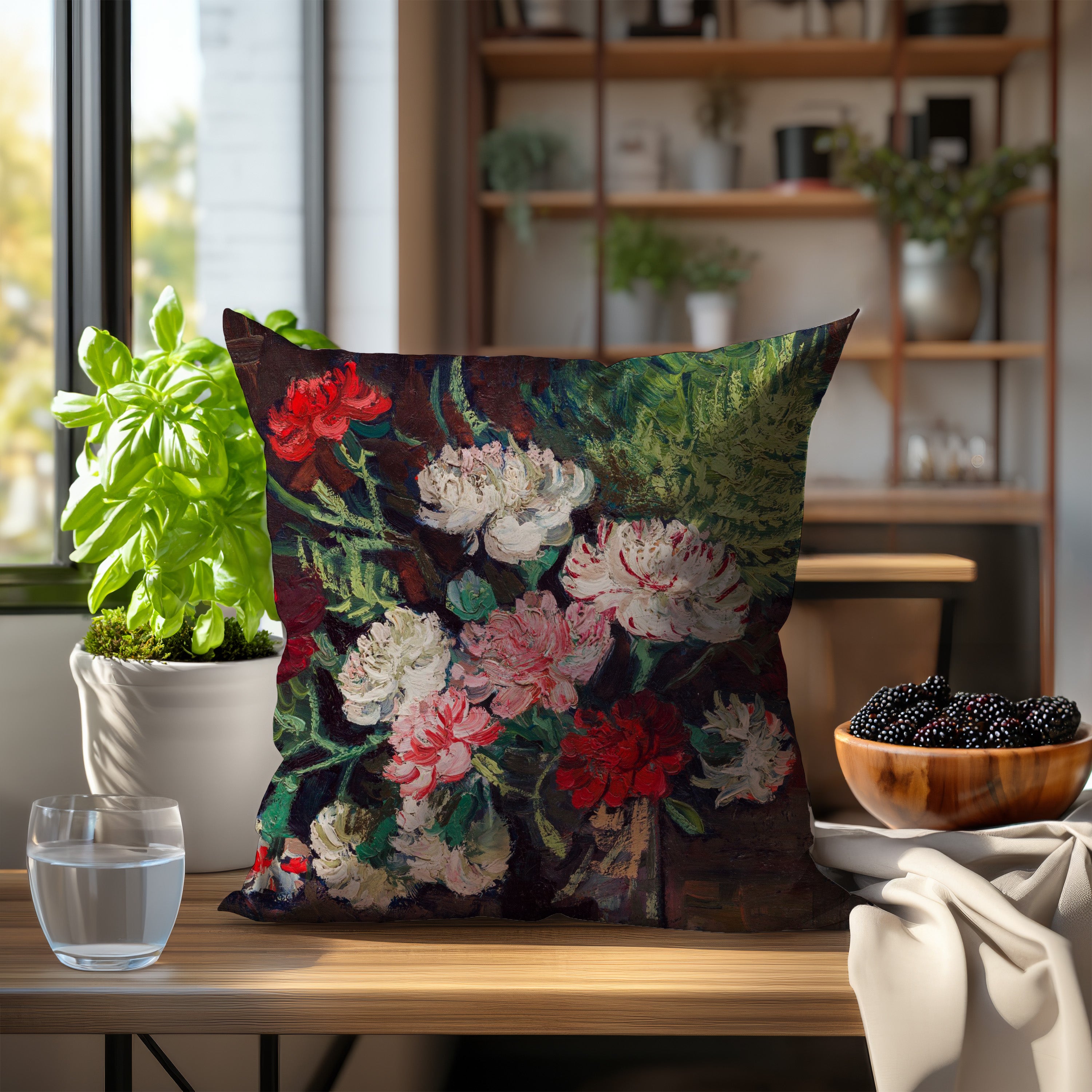 Colorful throw pillow featuring a detailed depiction of Van Gogh's Vase with Carnations, perfect for adding artistic comfort to your home decor