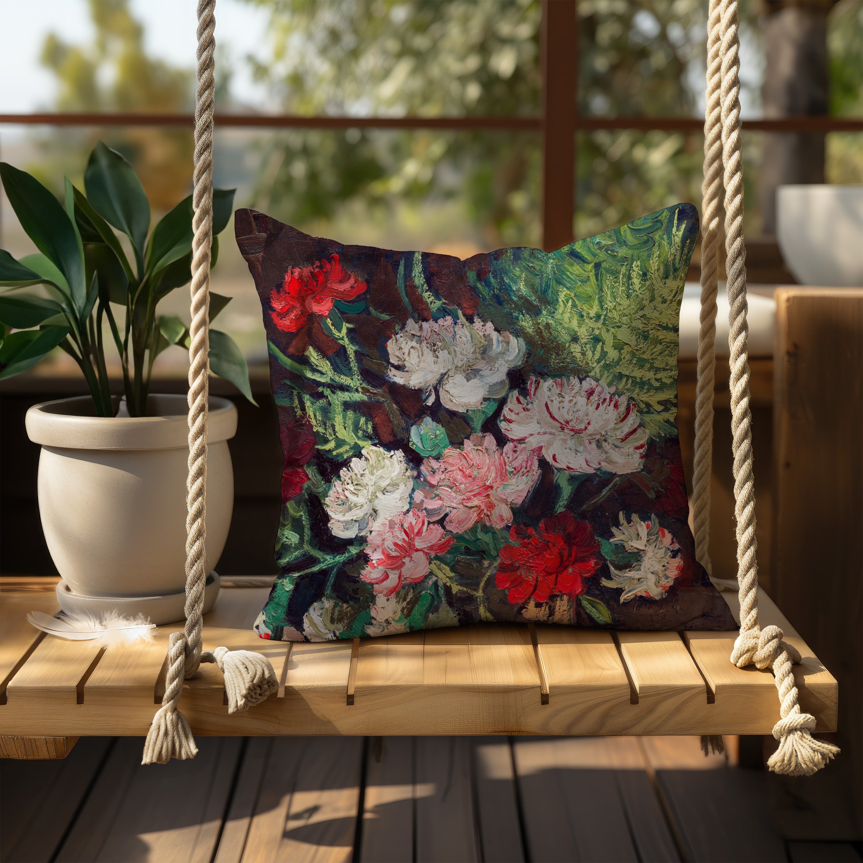 Throw pillow featuring a beautiful Van Gogh Vase with Carnations design