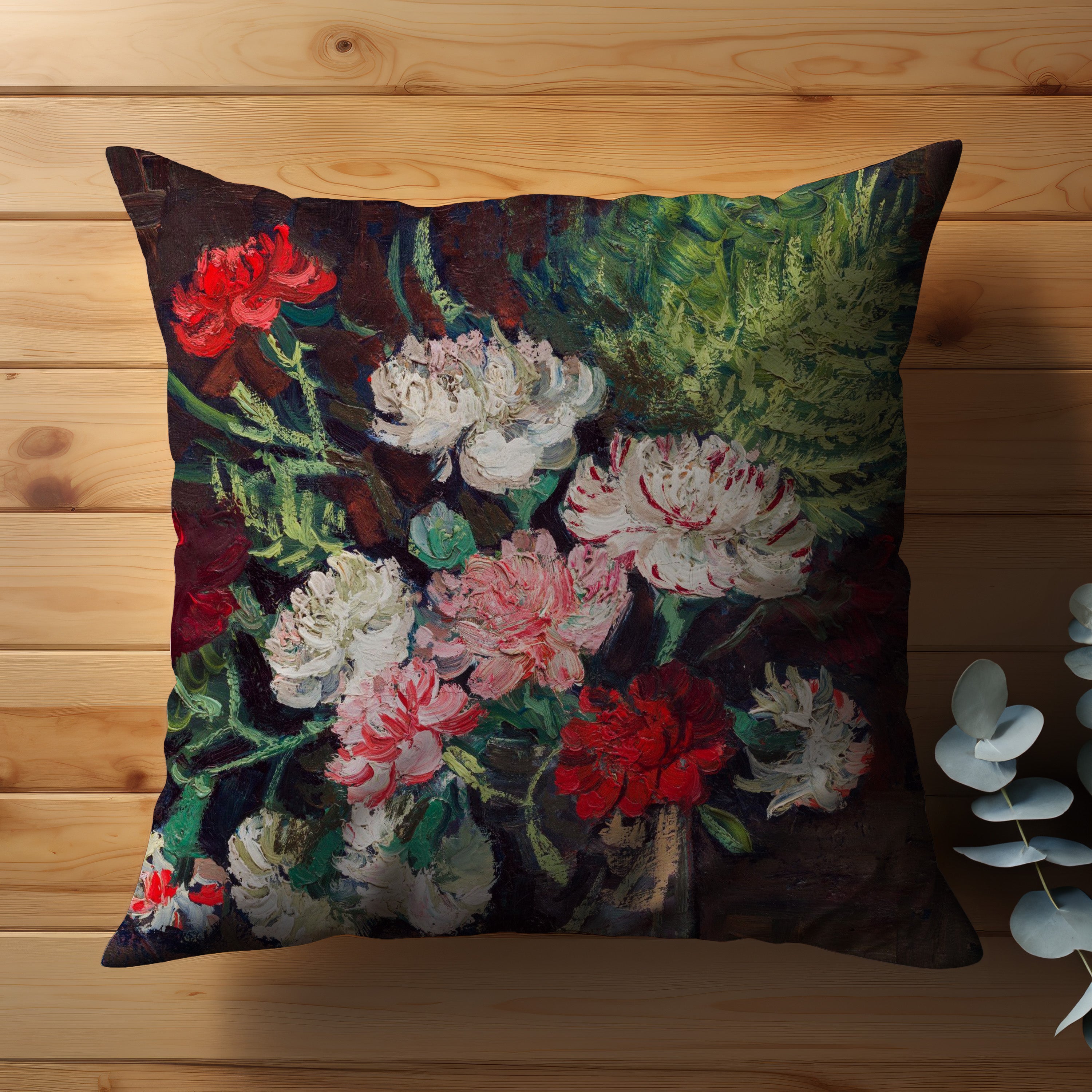 Beautiful throw pillow featuring Van Gogh's Vase with Carnations artwork