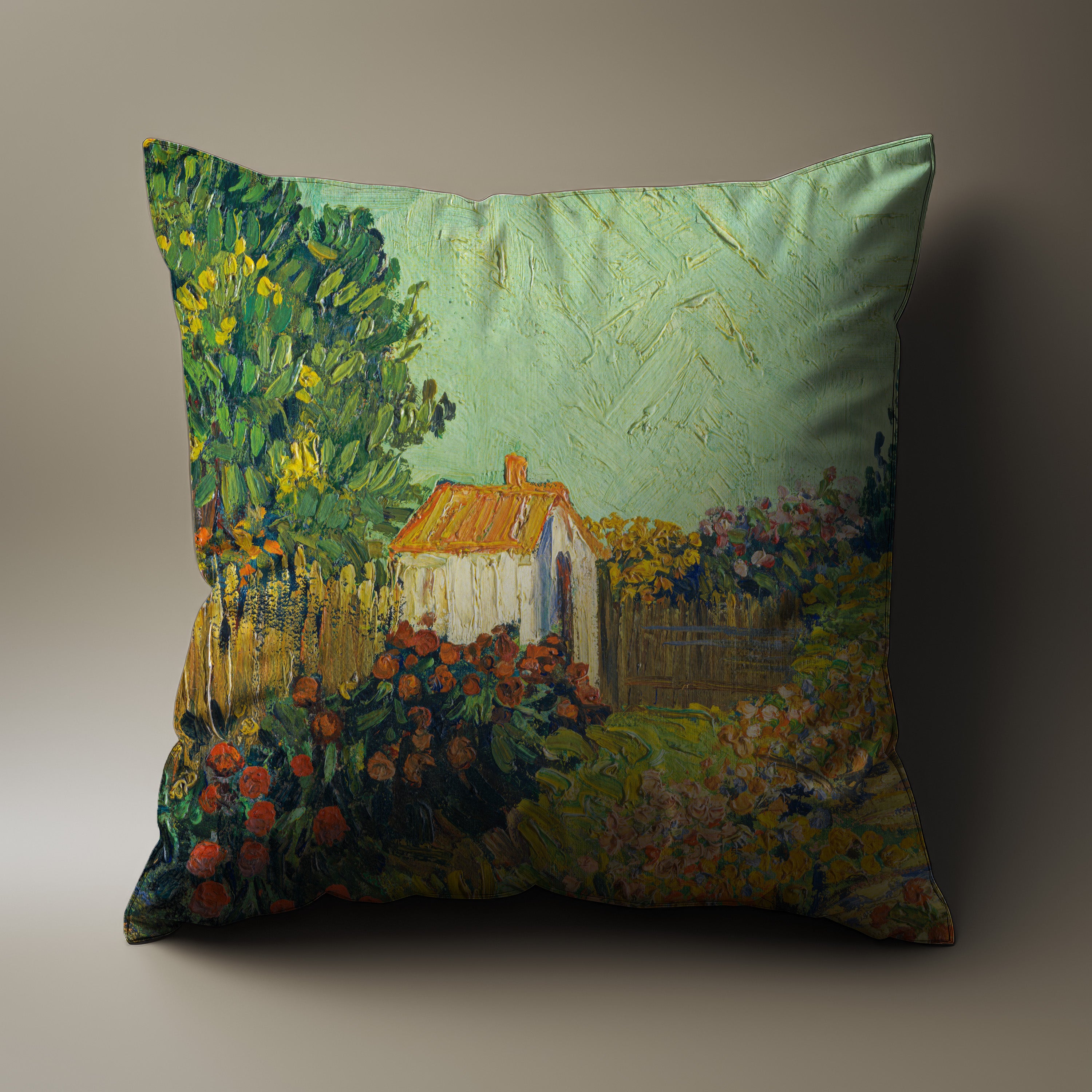 Close-up of the Van Gogh Landscape Throw Pillow showing the vibrant and detailed artwork