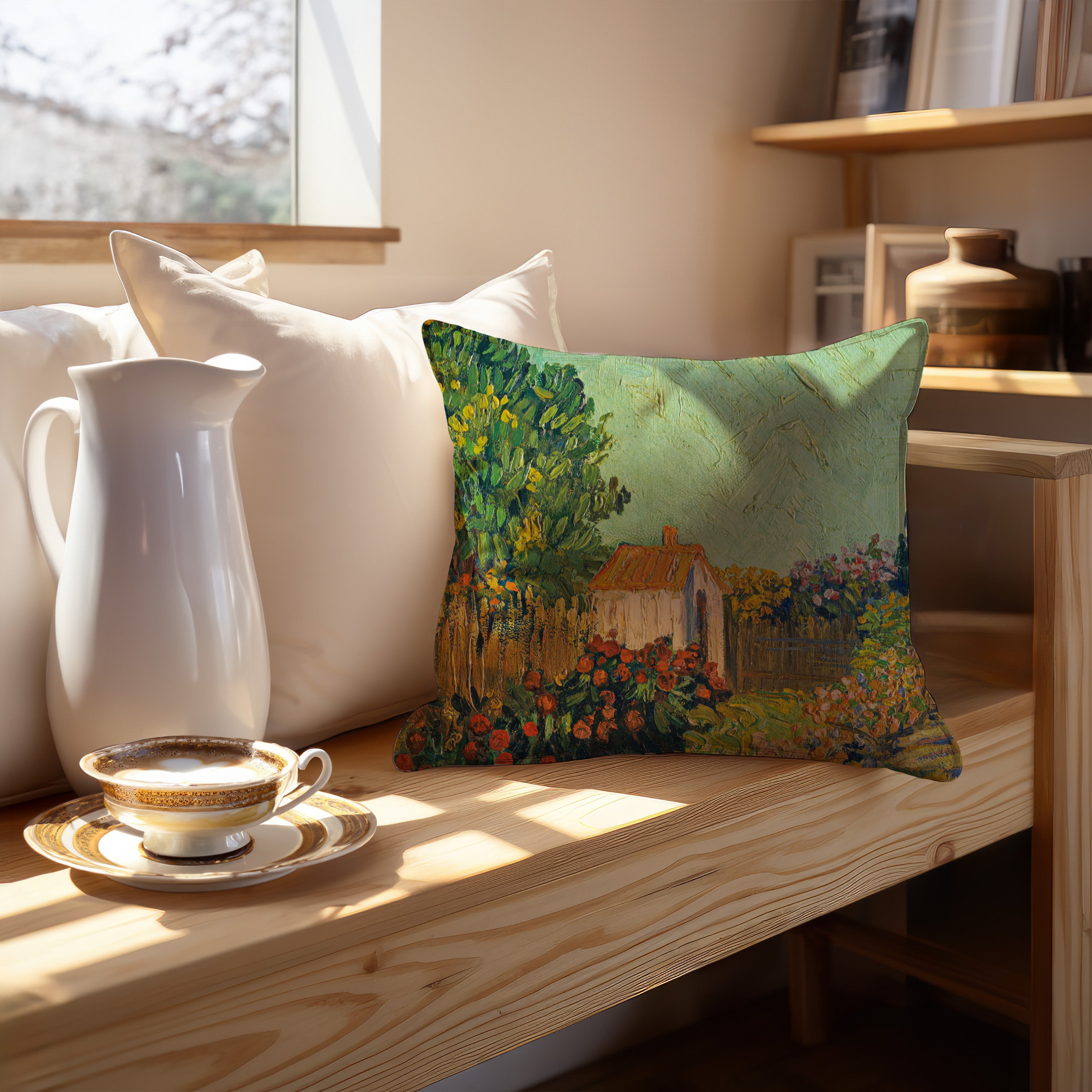  A woman holding the Van Gogh Landscape Throw Pillow and smiling while sitting on a chair