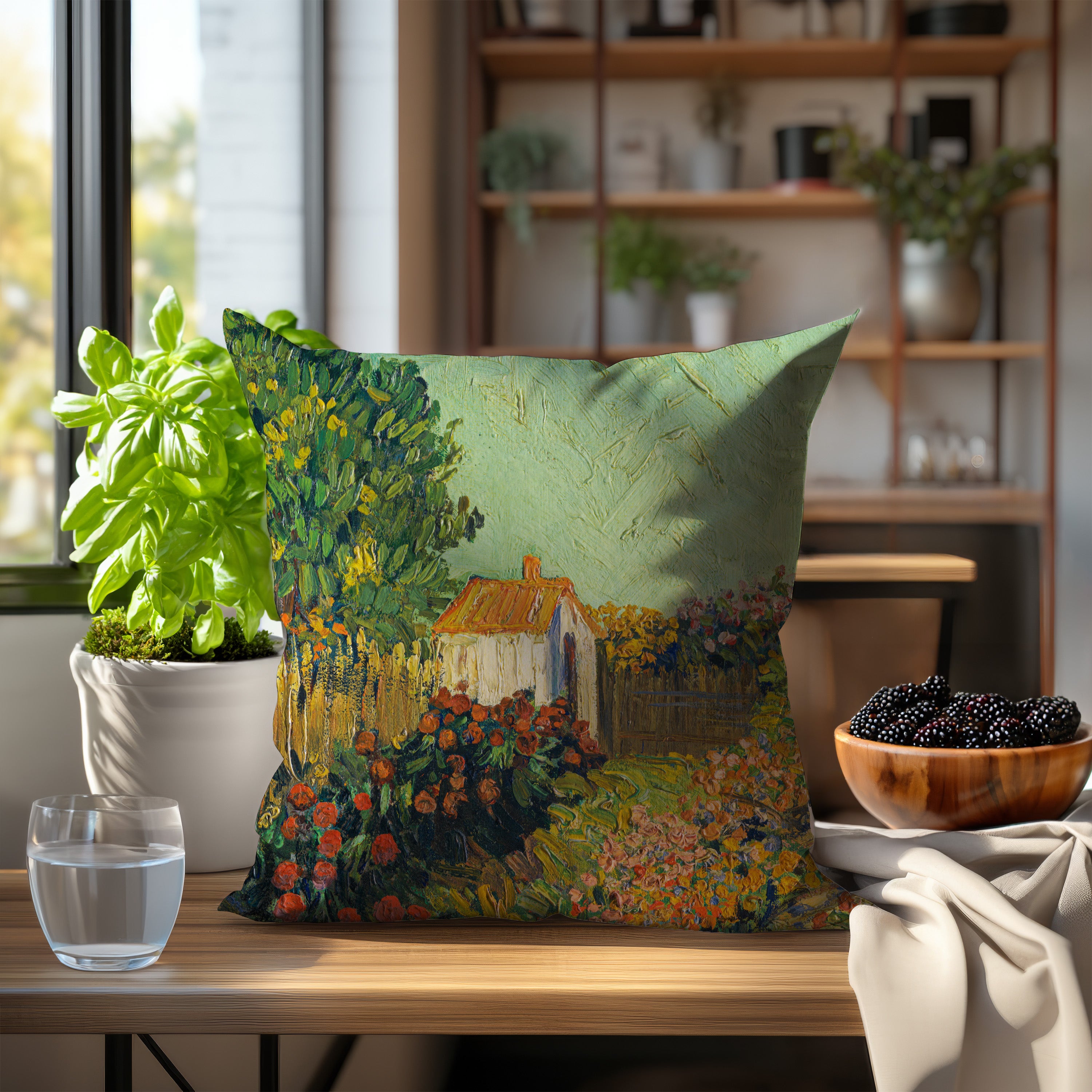 Van Gogh Landscape Throw Pillow on a beige sofa in a living room setting with sunlight coming through the window