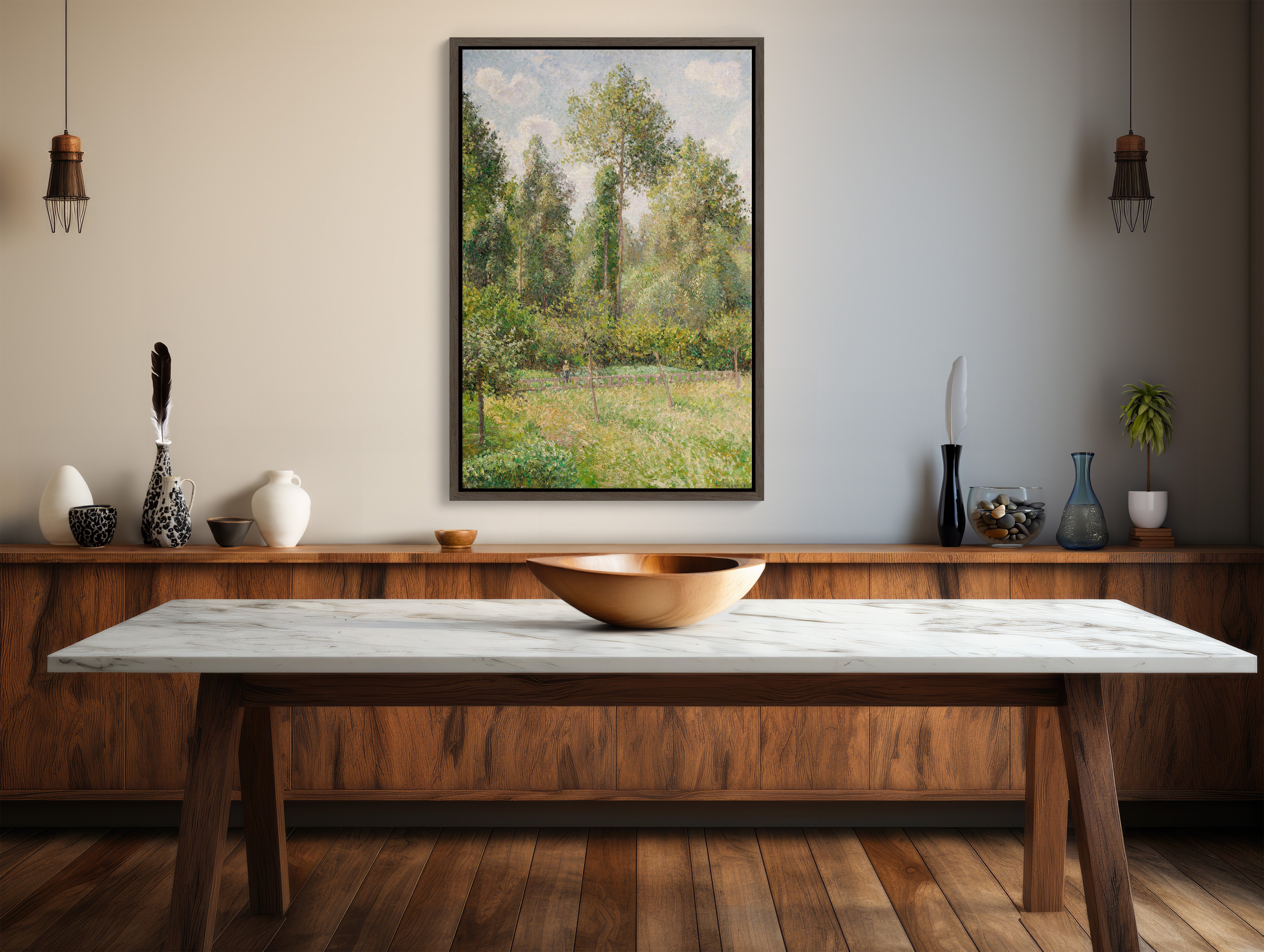 Large framed canvas of Camille Pissarro's 'Poplars at Eragny' artwork on wall