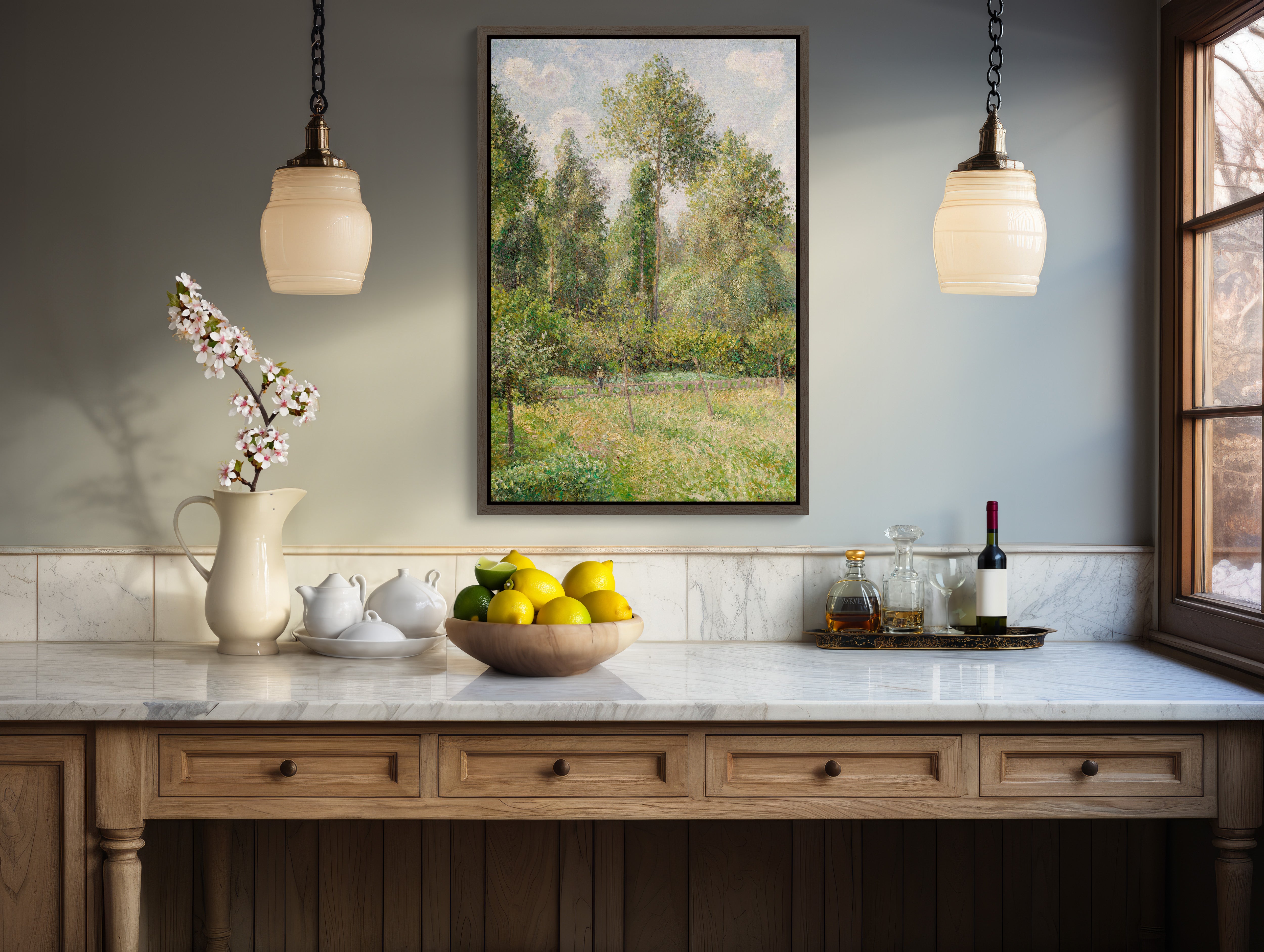 Beautifully detailed XL framed canvas of Camille Pissarro's 'Poplars at Eragny'