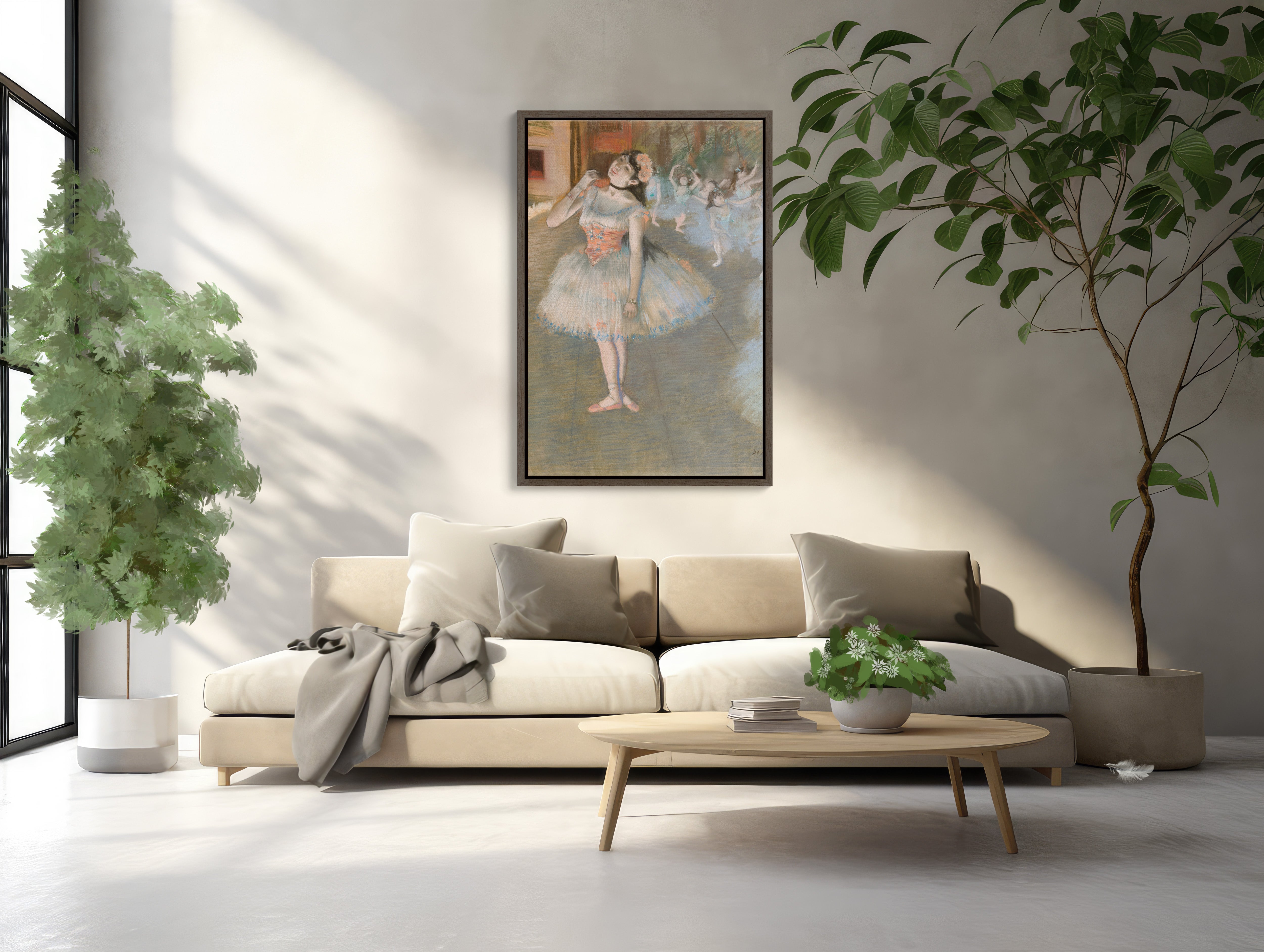 The Star XL Framed Canvas by Degas, a stunning reproduction of the famous painting depicting a ballerina in an elegant pose, framed and ready to adorn any wall in your home