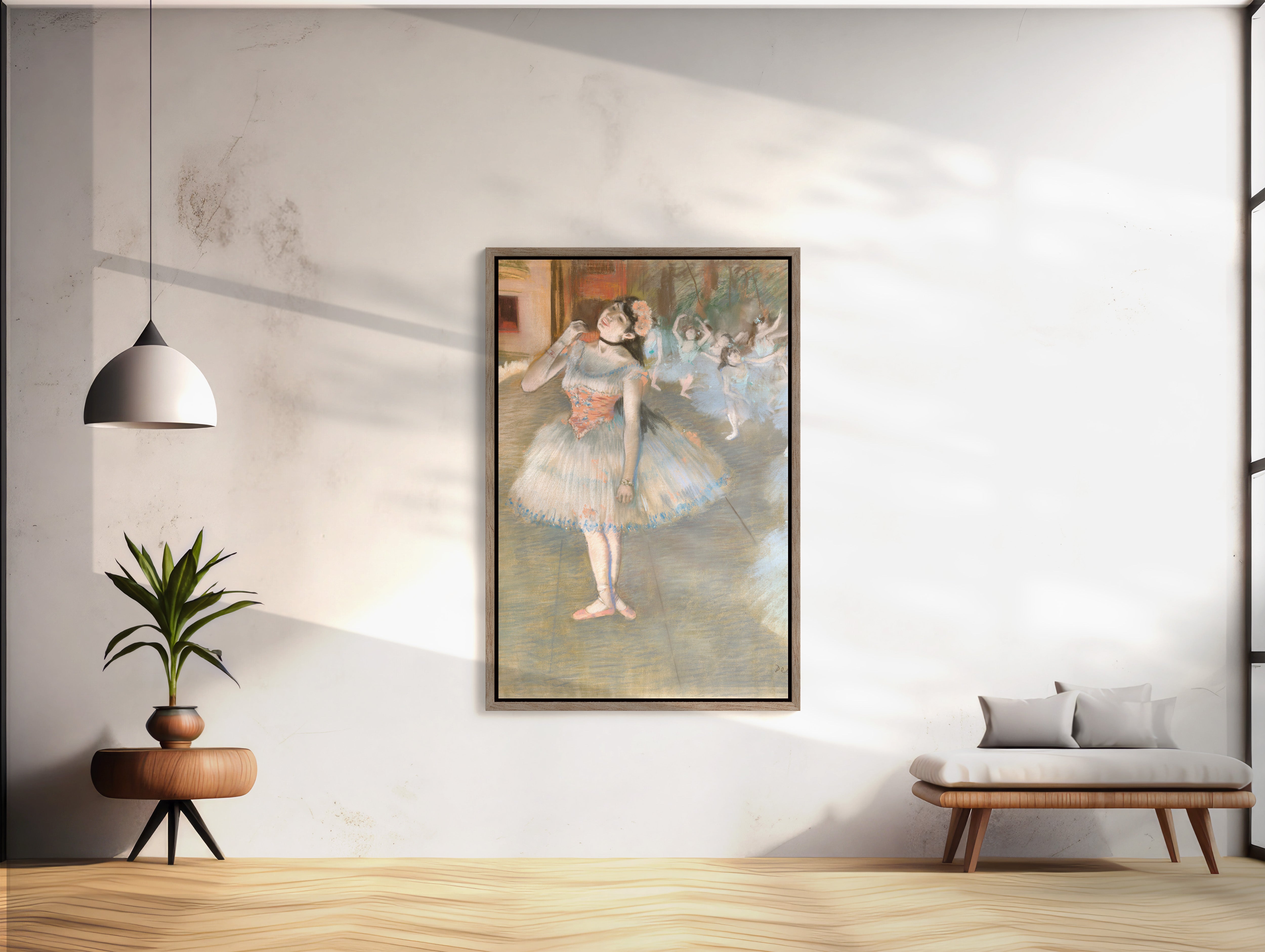 The Star XL Framed Canvas by Degas, featuring a ballerina in an elegant pose against a soft, dreamy background