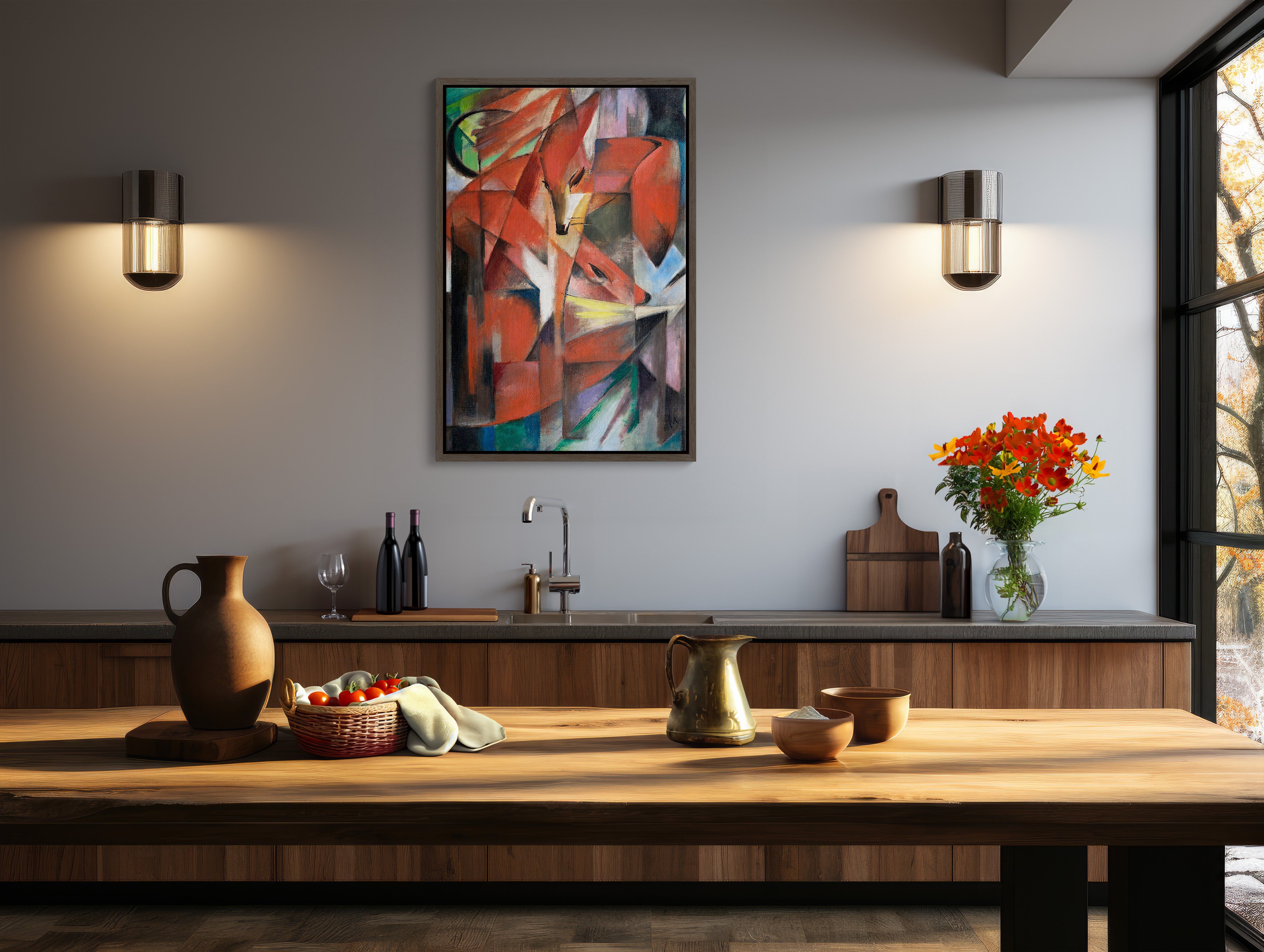 Enhance your space with the bold and striking presence of 'The Foxes' by Franz Marc large wall art