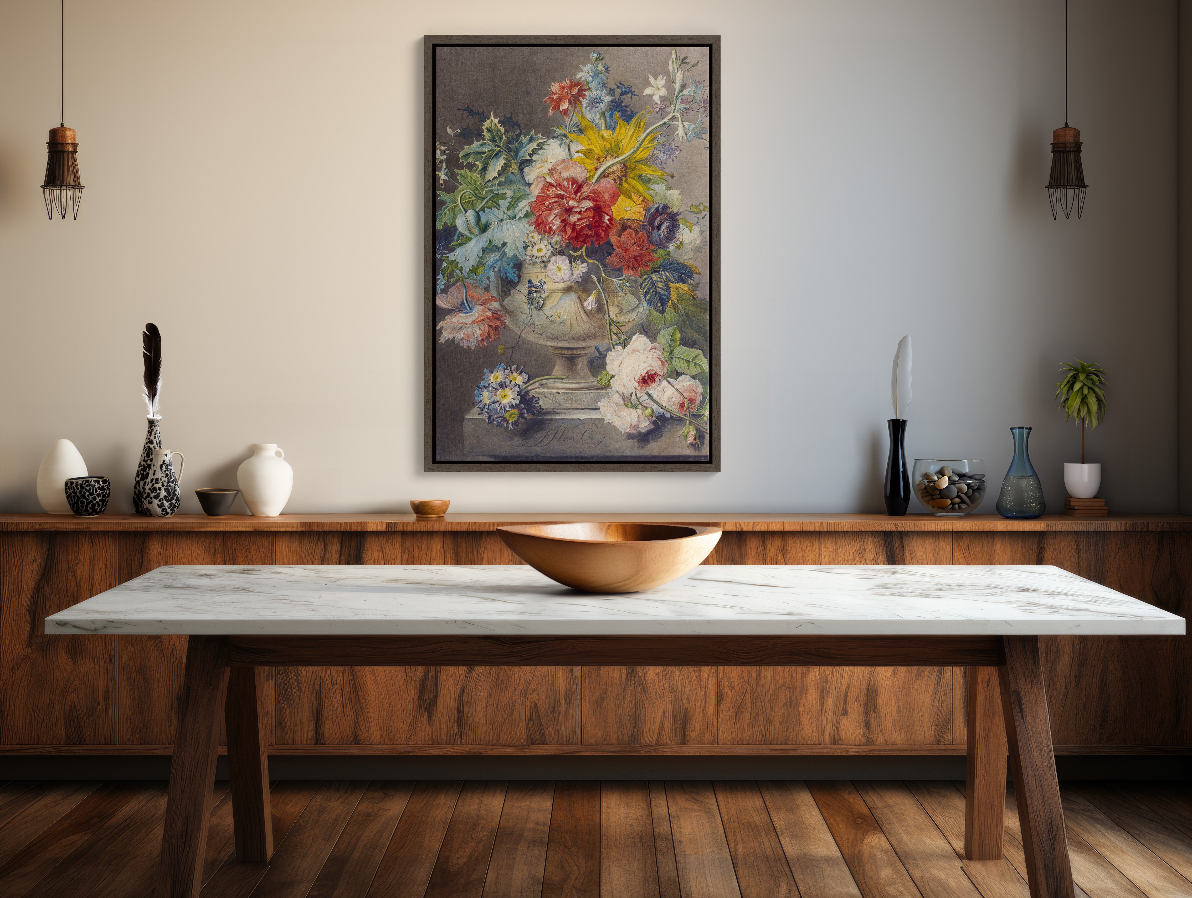 Large framed canvas wall art featuring Georgius Jacobus' 'Bouquet of Flowers in Vase', adding timeless elegance to any space