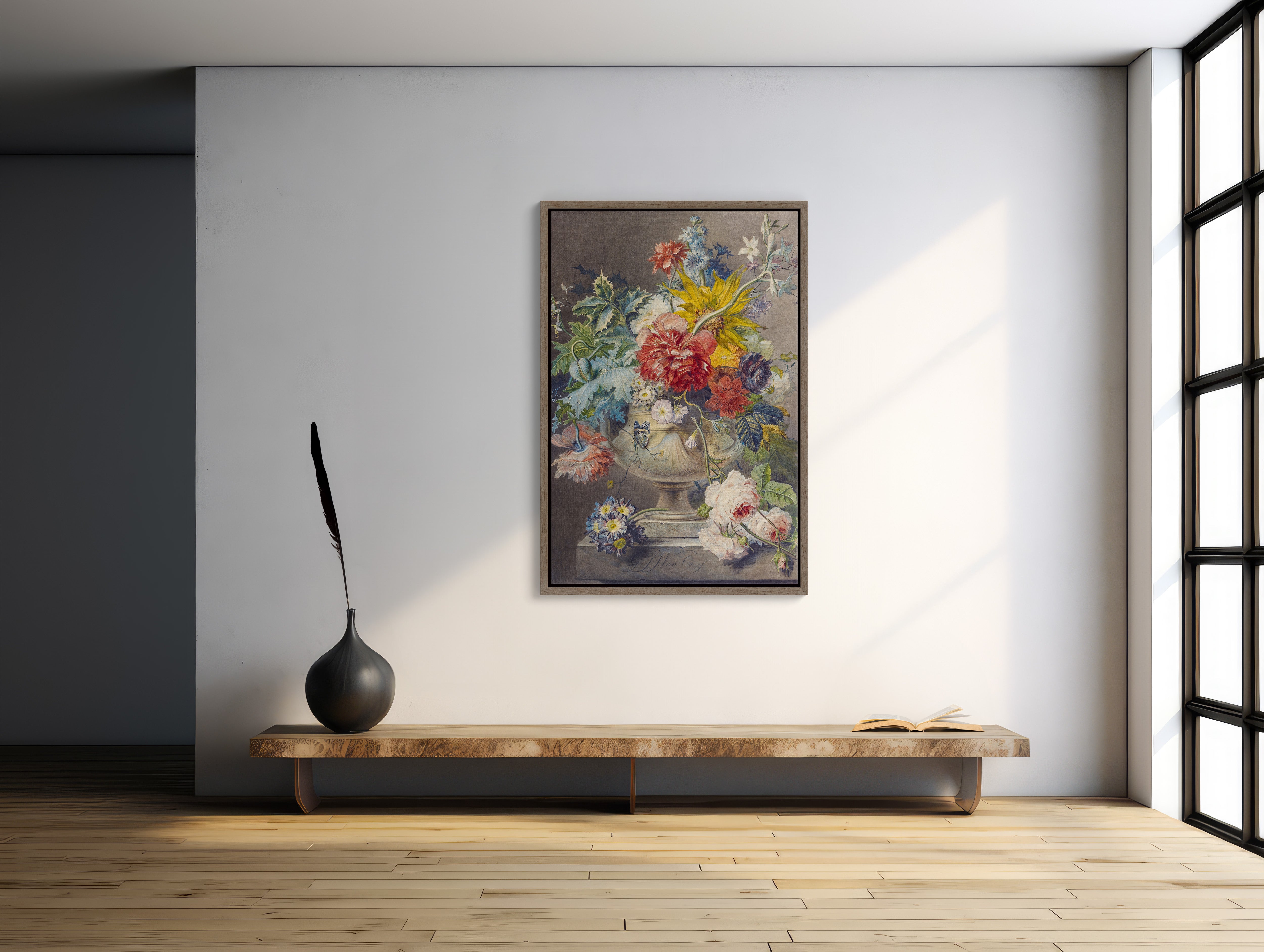 Large framed canvas wall art featuring 'Bouquet of Flowers in Vase' by Georgius Jacobus, evoking timeless elegance and beauty for your home decor