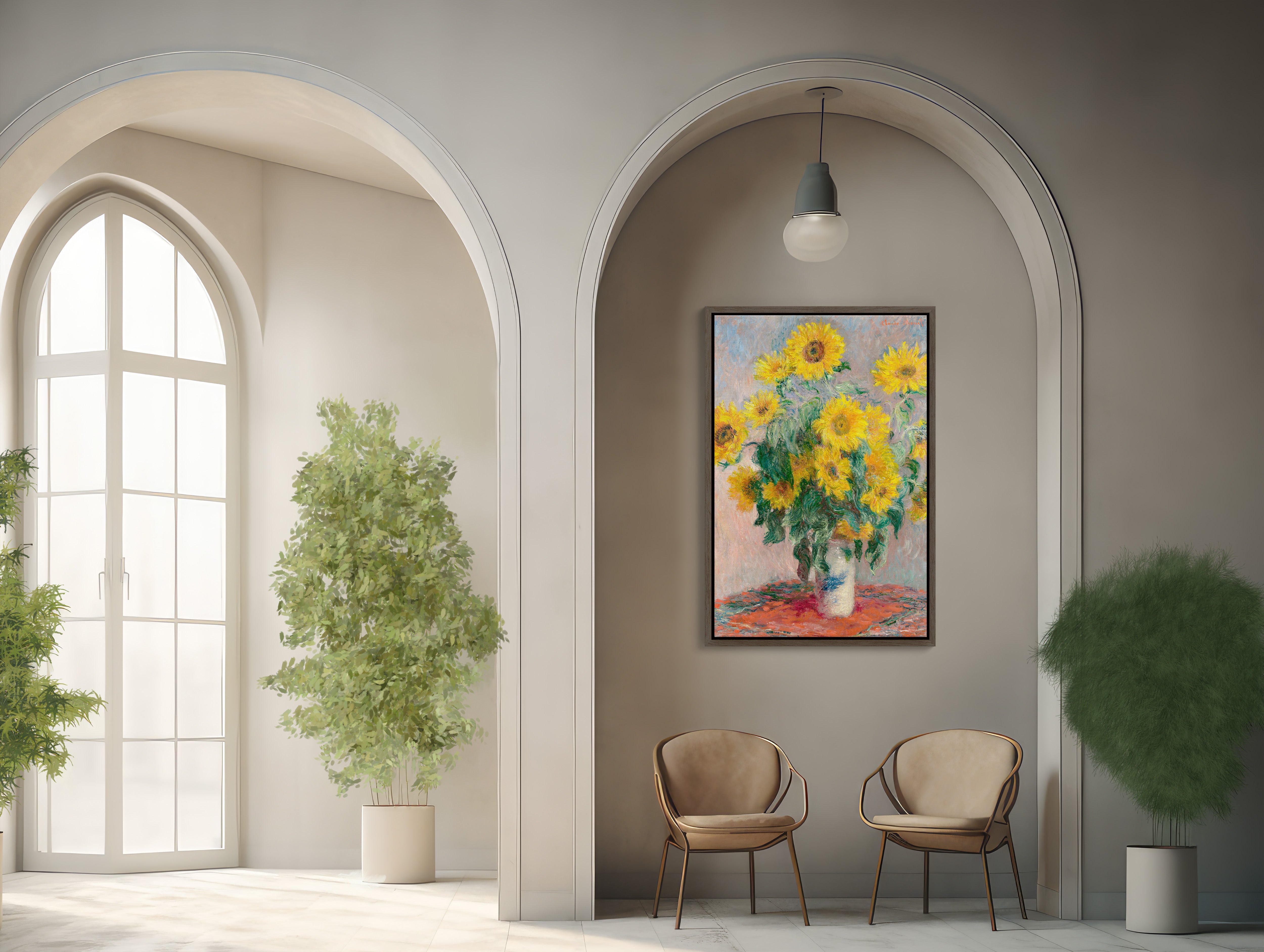 Large wall art featuring Monet's Bouquet of Sunflowers adds timeless elegance to any space