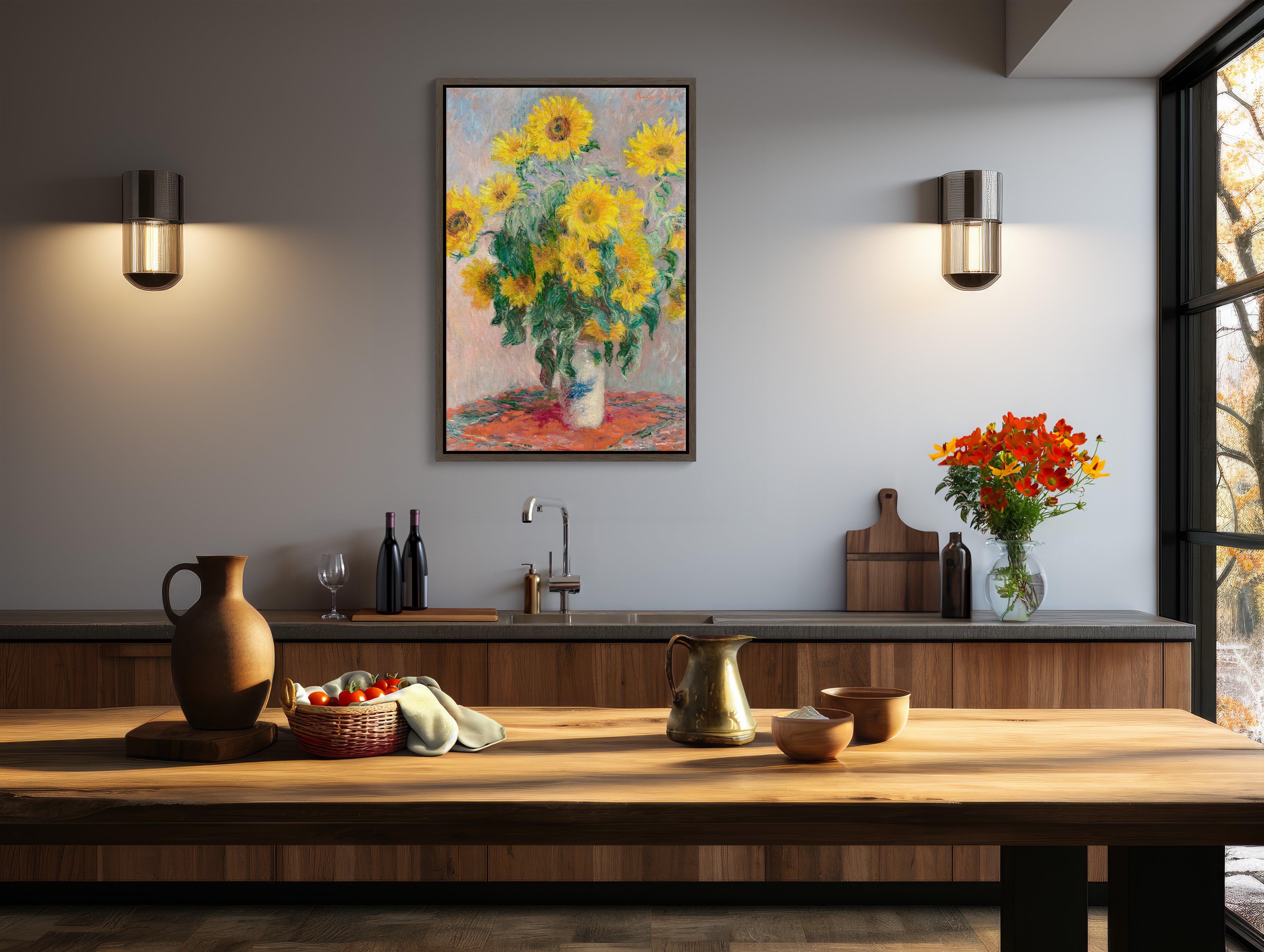 Large wall art featuring Monet's Bouquet of Sunflowers adds timeless elegance to your space