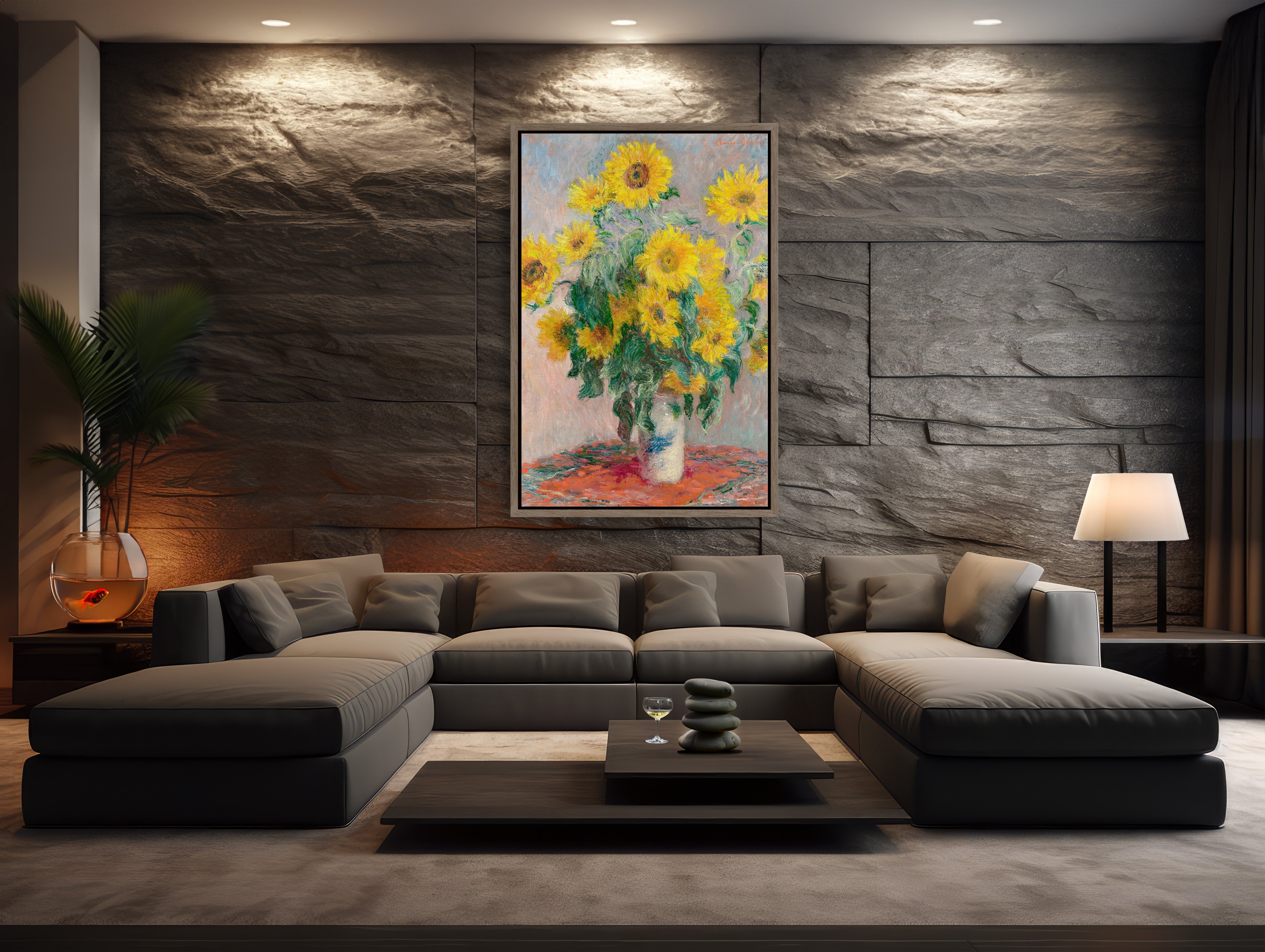 Monet's Sunflowers XL Framed Canvas Art in a spacious living room