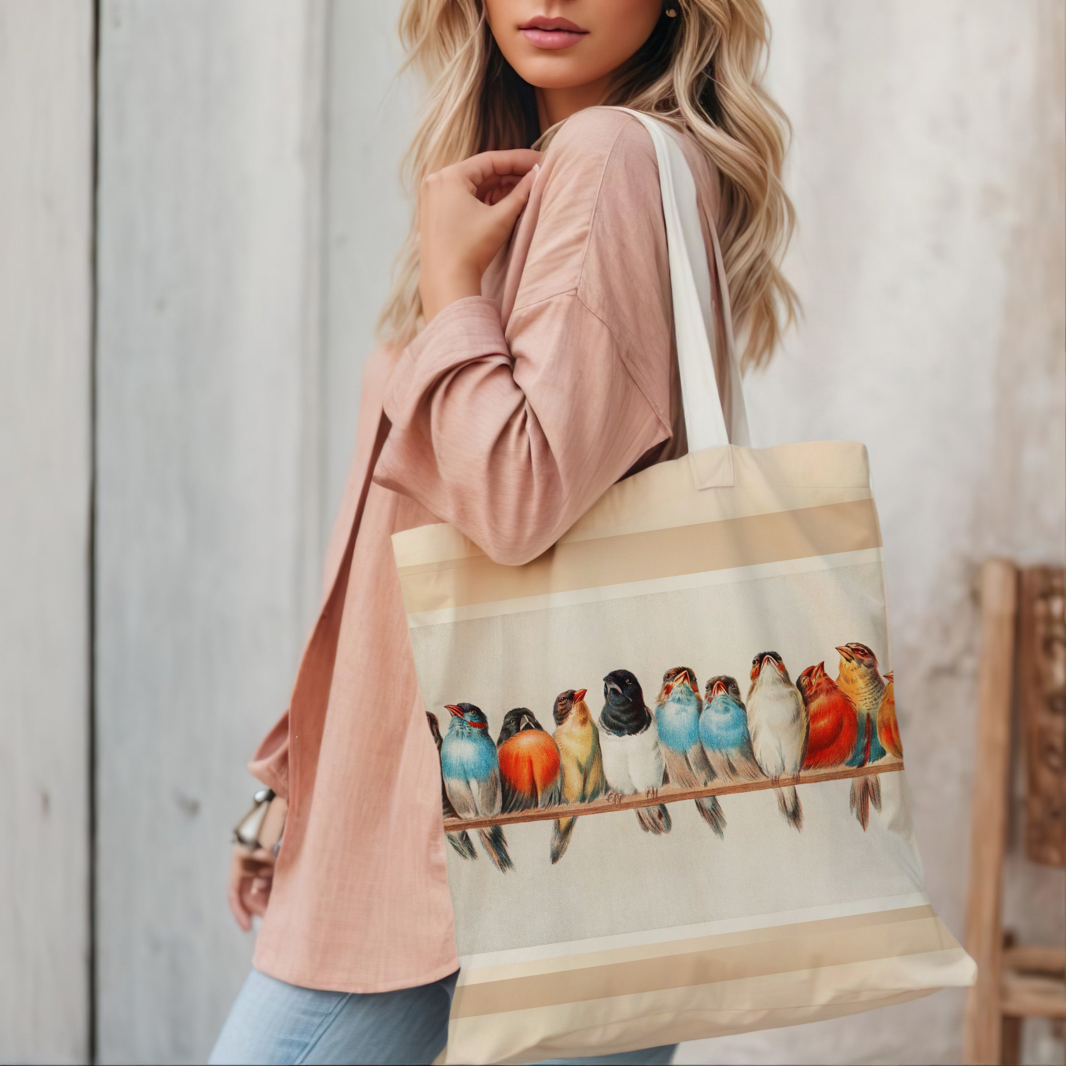 Colorful Bird Tote Bag featuring a group of vibrant bird illustrations