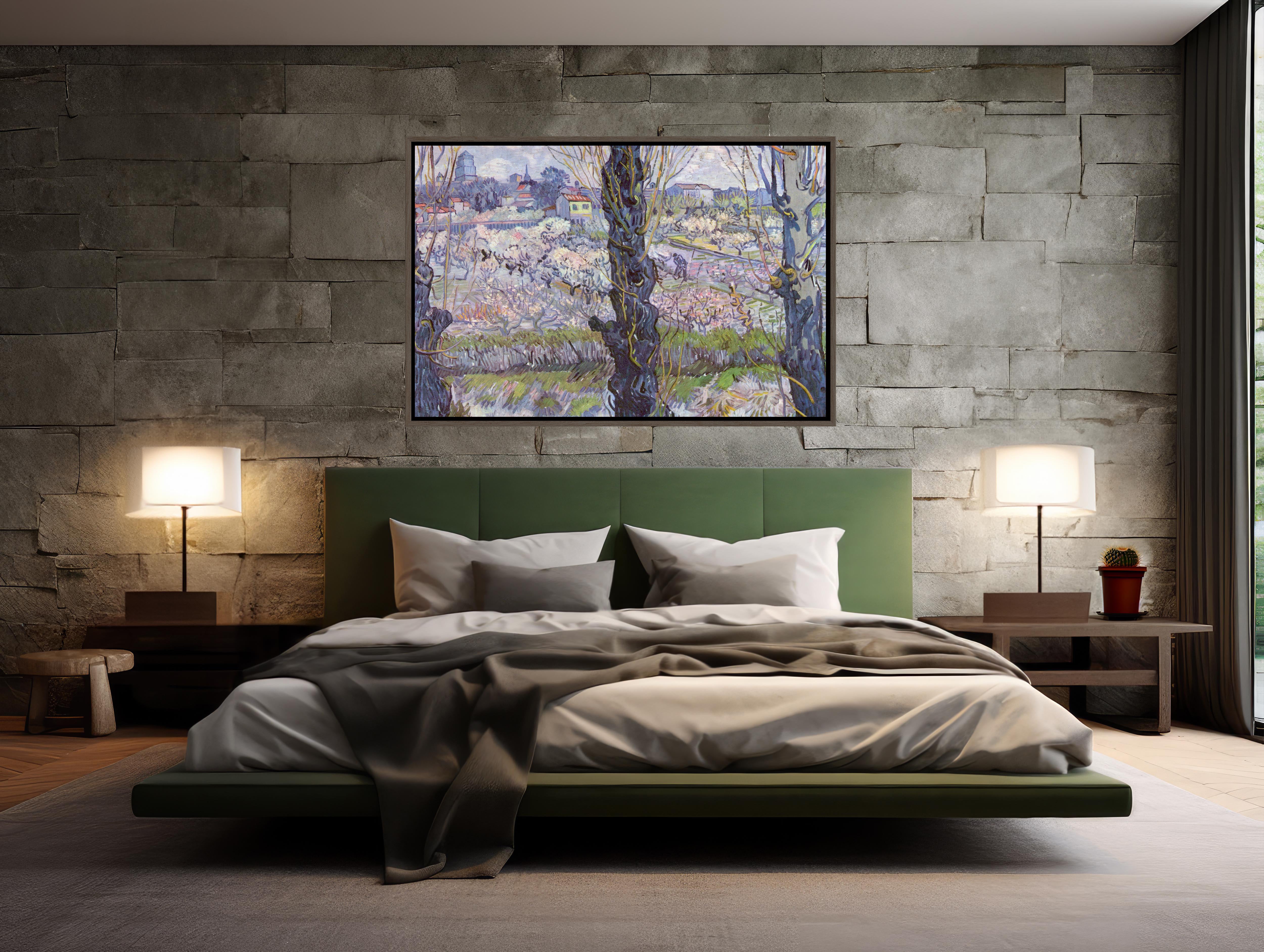 Large wall art featuring vibrant Van Gogh Flowering Orchards painting