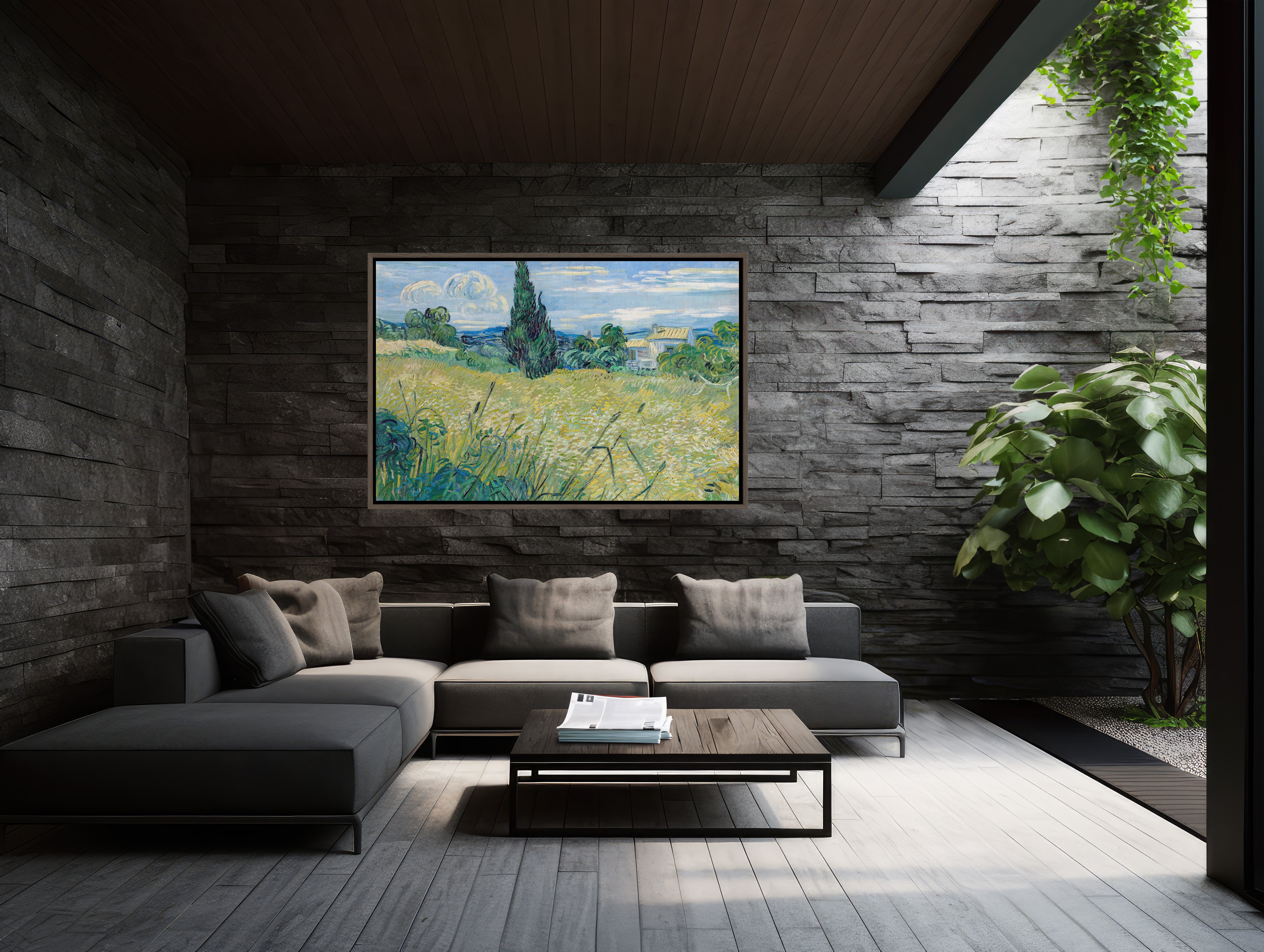  Museum-quality framed canvas showcasing Van Gogh's Green Wheat Field with Cypress 