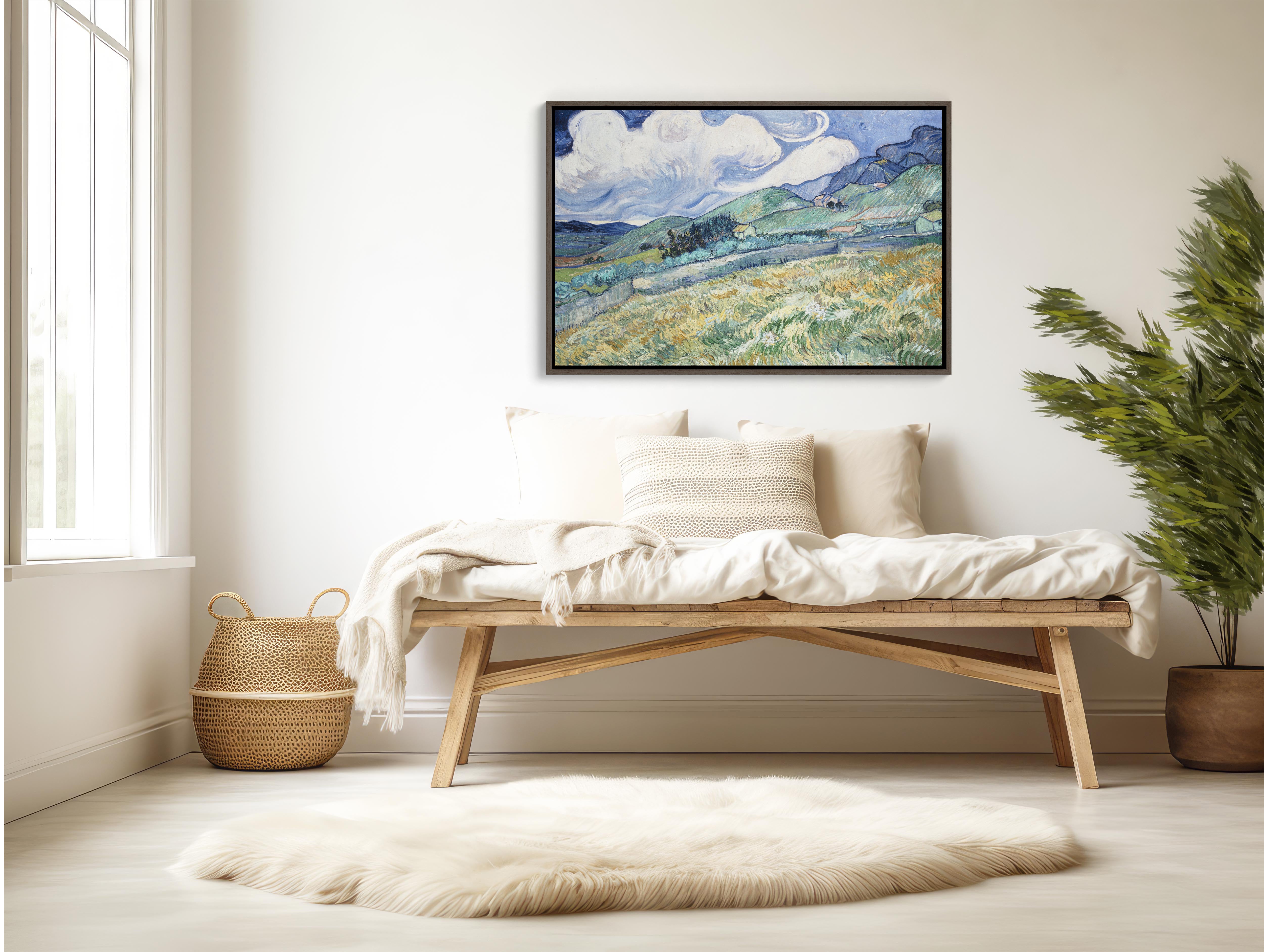 Masterfully crafted Van Gogh's Landscape Saint Remy: Extra Large Wall Art Canvas Print, 48x32 Framed enhancing the ambiance of a cozy office space