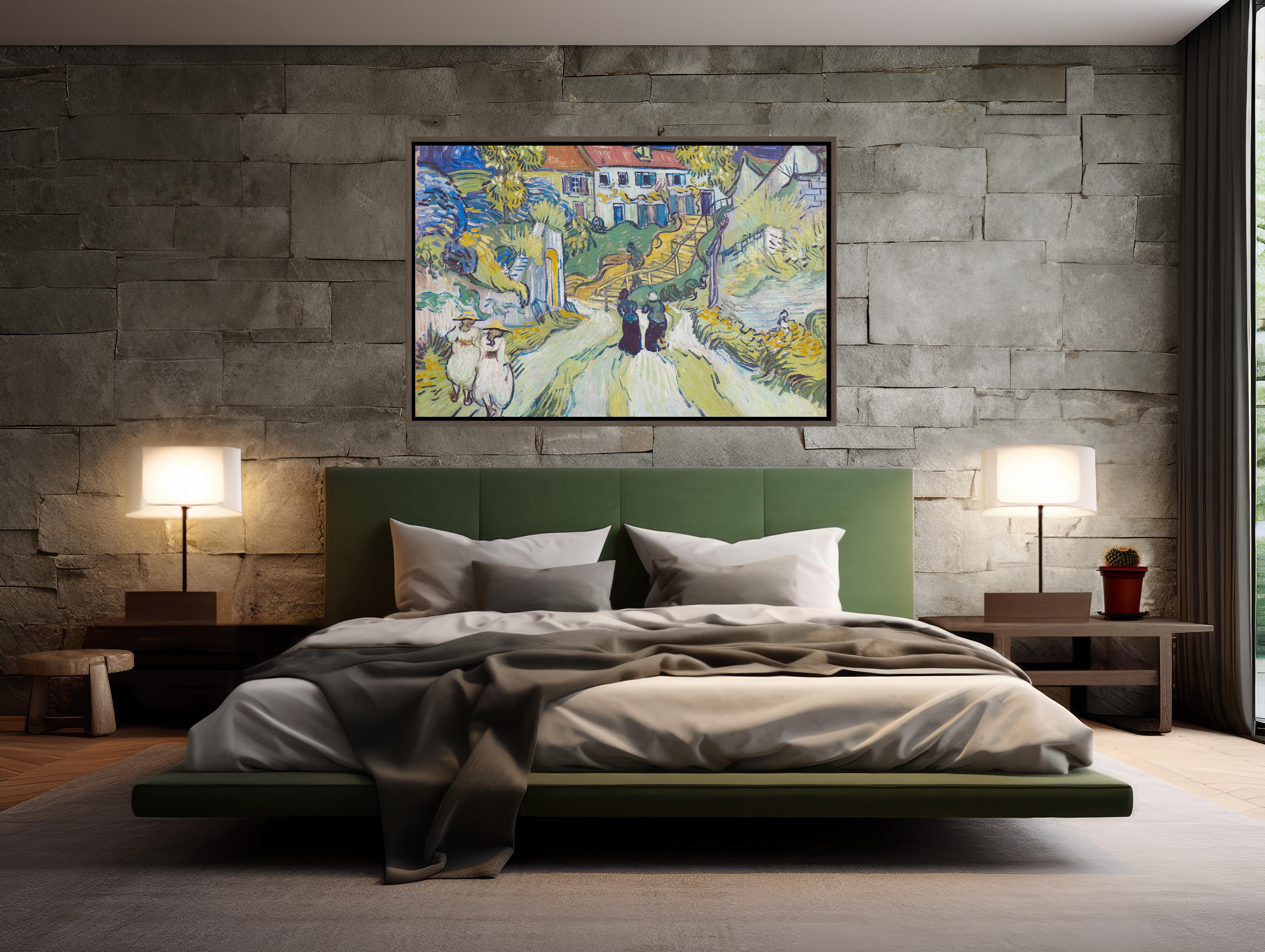 Extra Large Wall Art - Van Gogh's - Stairway at Auvers - 48x32 Framed Canvas: Extra Large Wall Art Masterpiece - vibrant and detailed depiction of Van Gogh's iconic painting