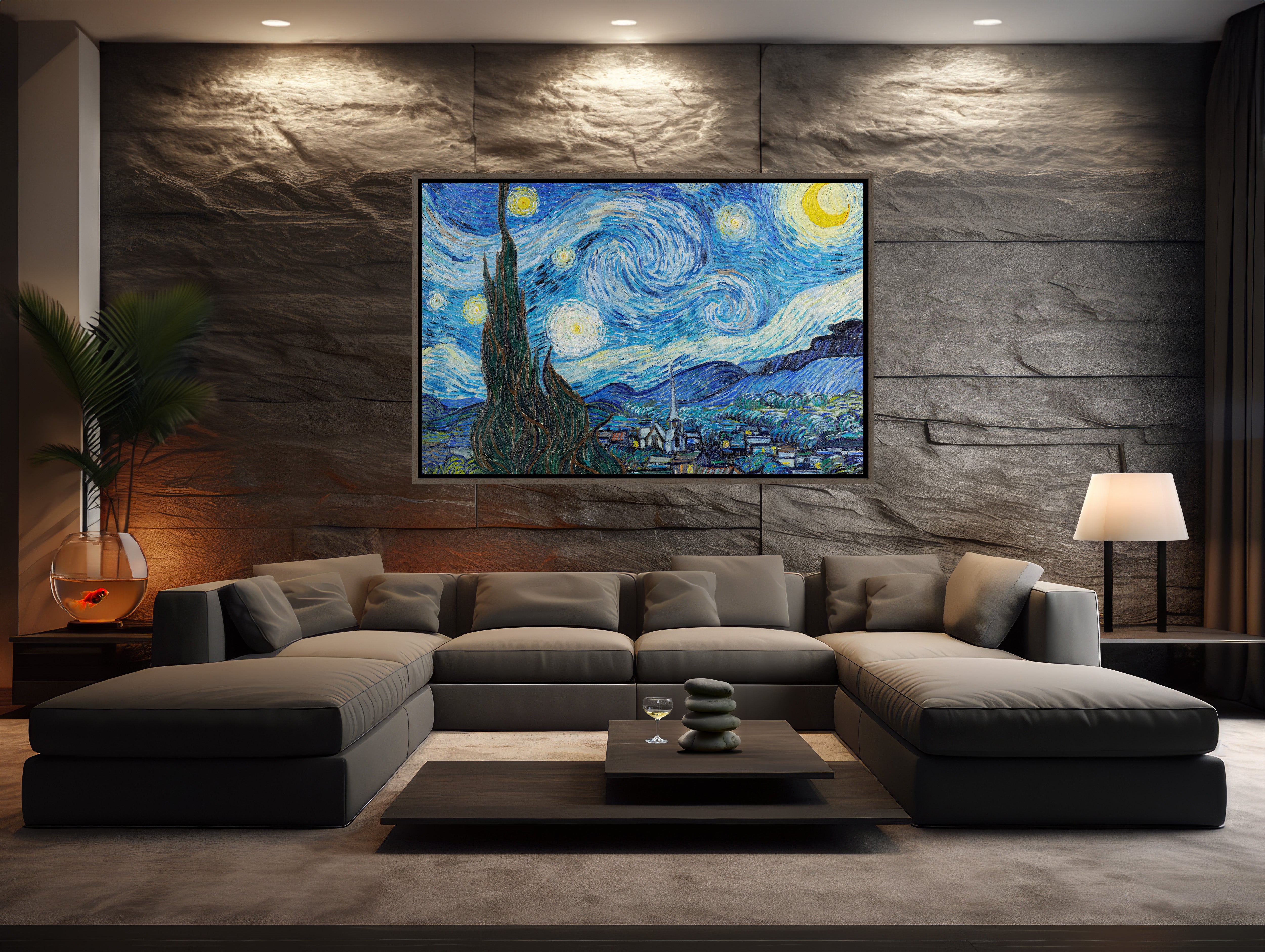 Van Gogh Starry Night Framed Canvas Print with vibrant swirling colors and detailed brushstrokes, perfect for adding a touch of artistic flair to any room