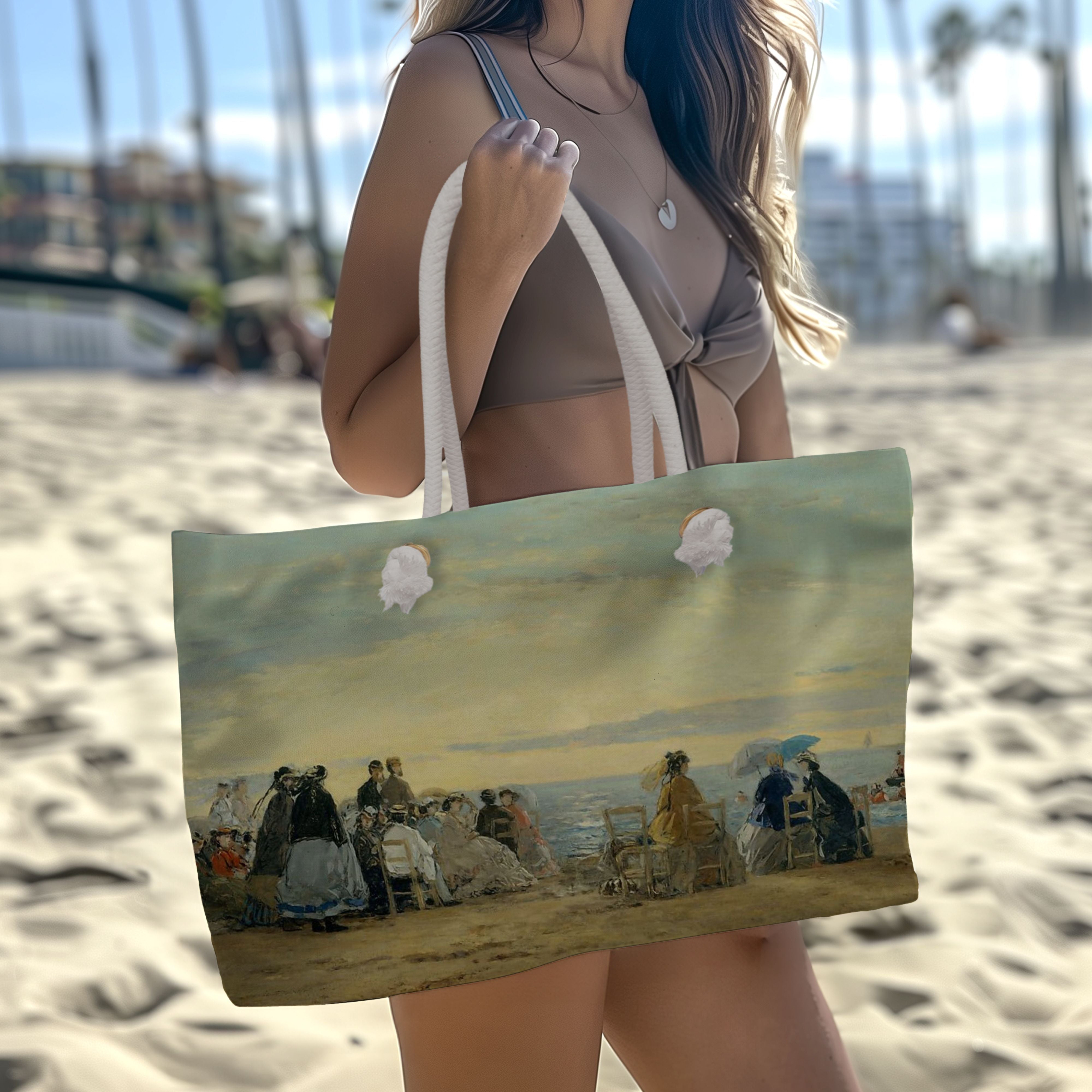 Escape with Eugene Boudin's 'Beach at Sunset' Large Tote Bag Oversized Overnight Bag, perfect for weekend getaways and travel