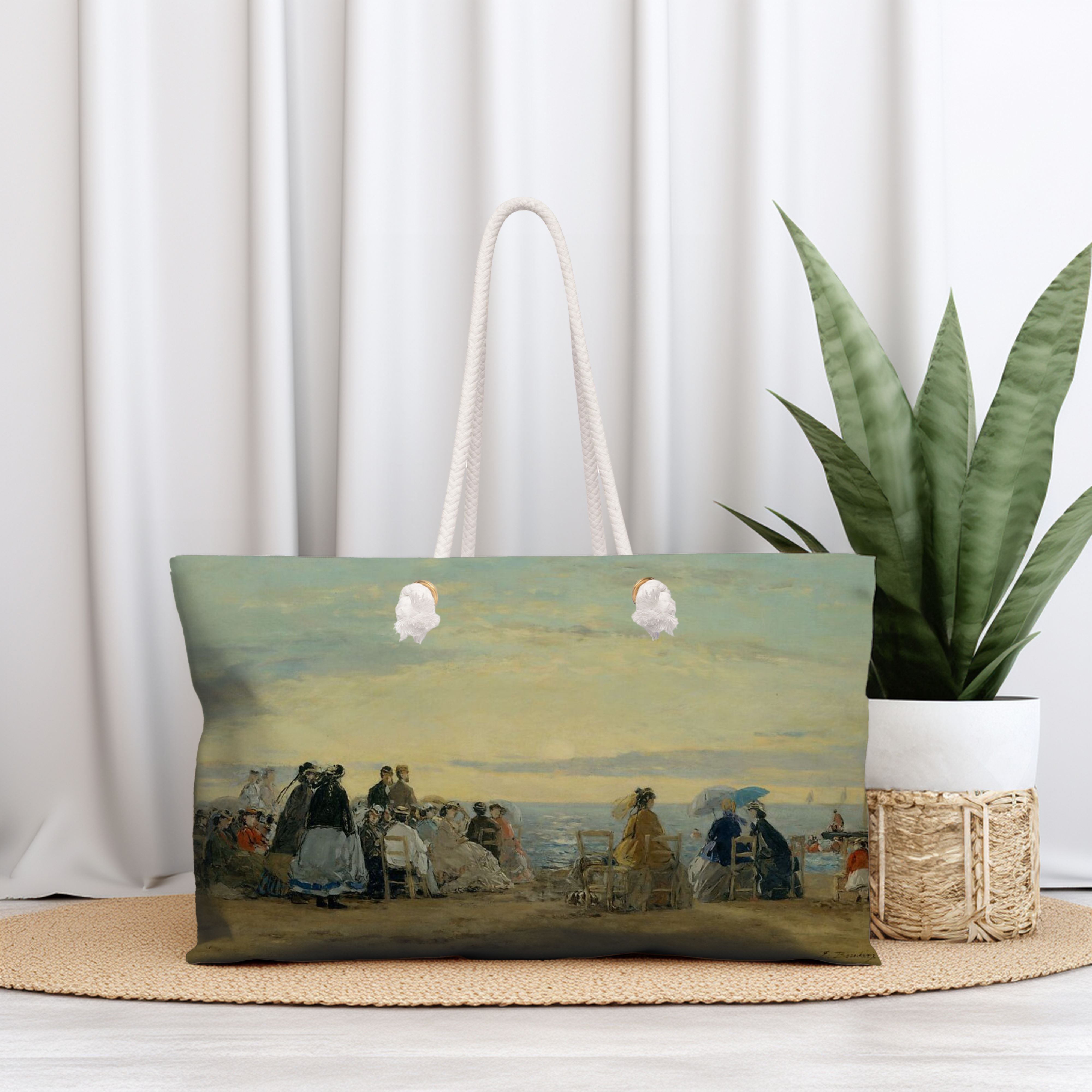 Escape with Eugene Boudin's Sunset Beach Tote, a stylish and spacious bag perfect for carrying all your essentials to the beach or a weekend getaway