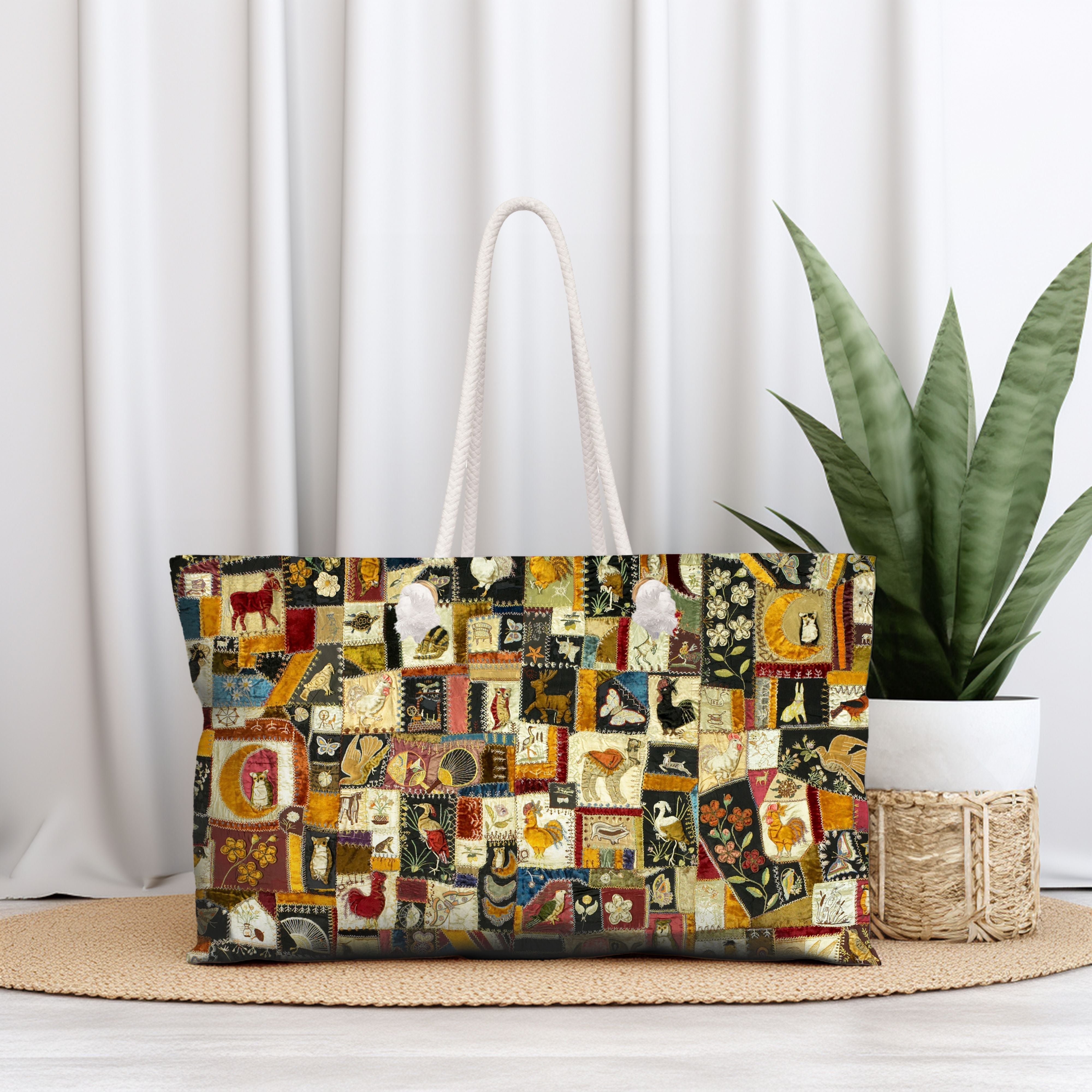 Large, vibrant Florence Marving CrazyQuilt Weekender Tote Bag with colorful patchwork design