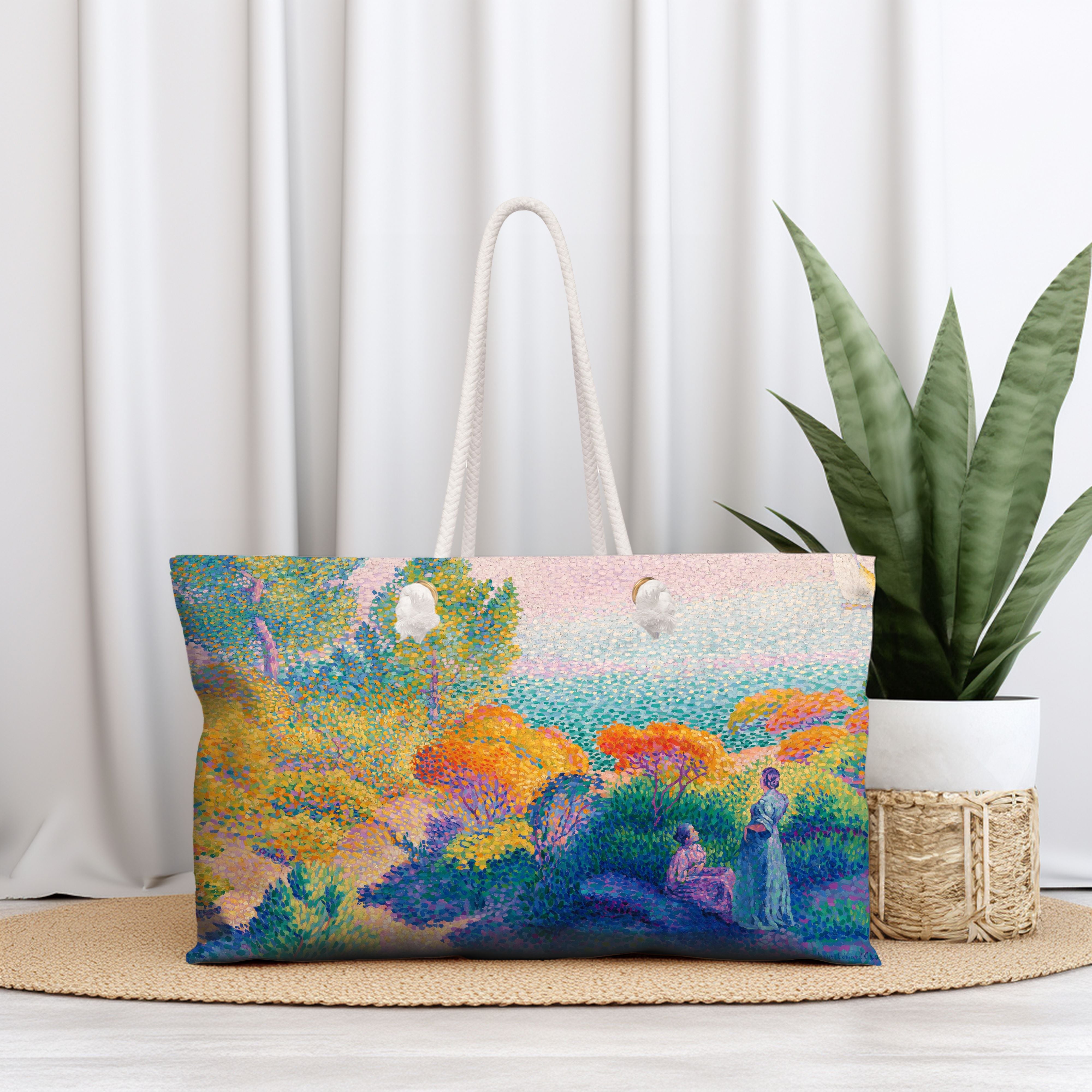 Large Weekender Bag with Two Women by the Shore artwork by Henri-Edmond Cross - Stylish and spacious overnight tote for travel and leisure