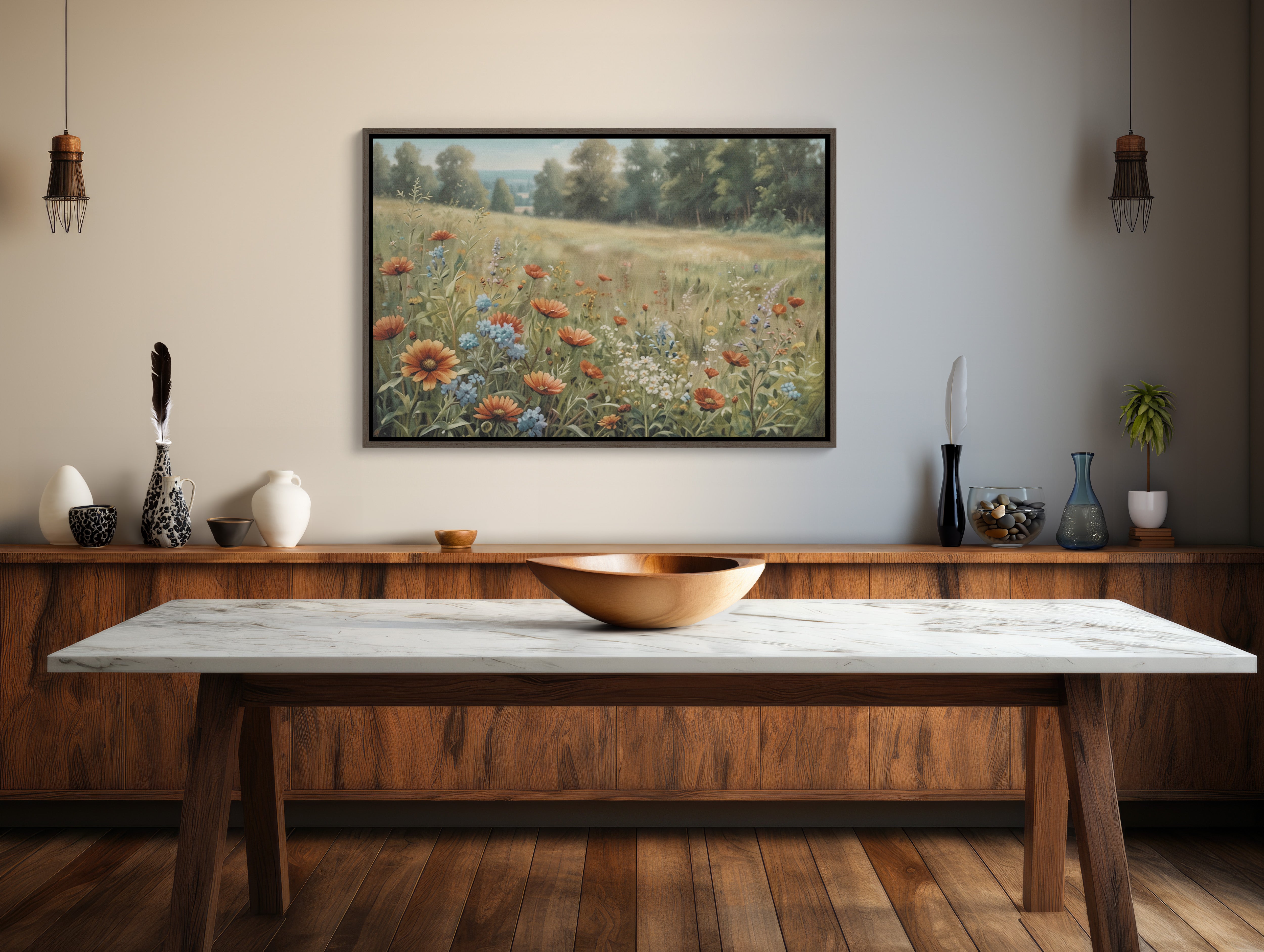 Wildflower Serenity: Large Framed Floral Canvas Art on living room wall 