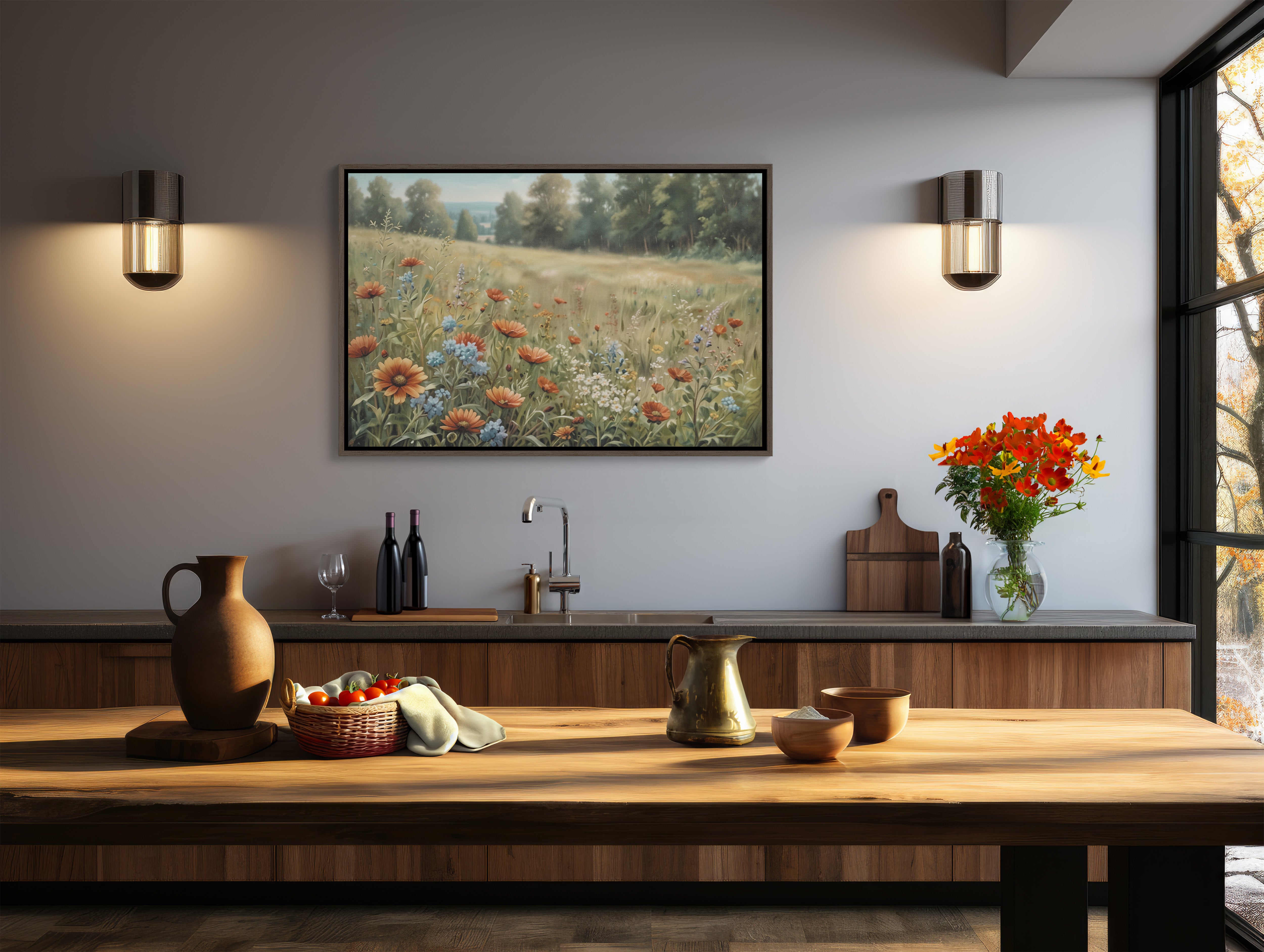 Wildflower Serenity XL Framed Floral Canvas Art featuring a serene and calming scene of wildflowers in a lush meadow, bringing a sense of peace and tranquility to any room