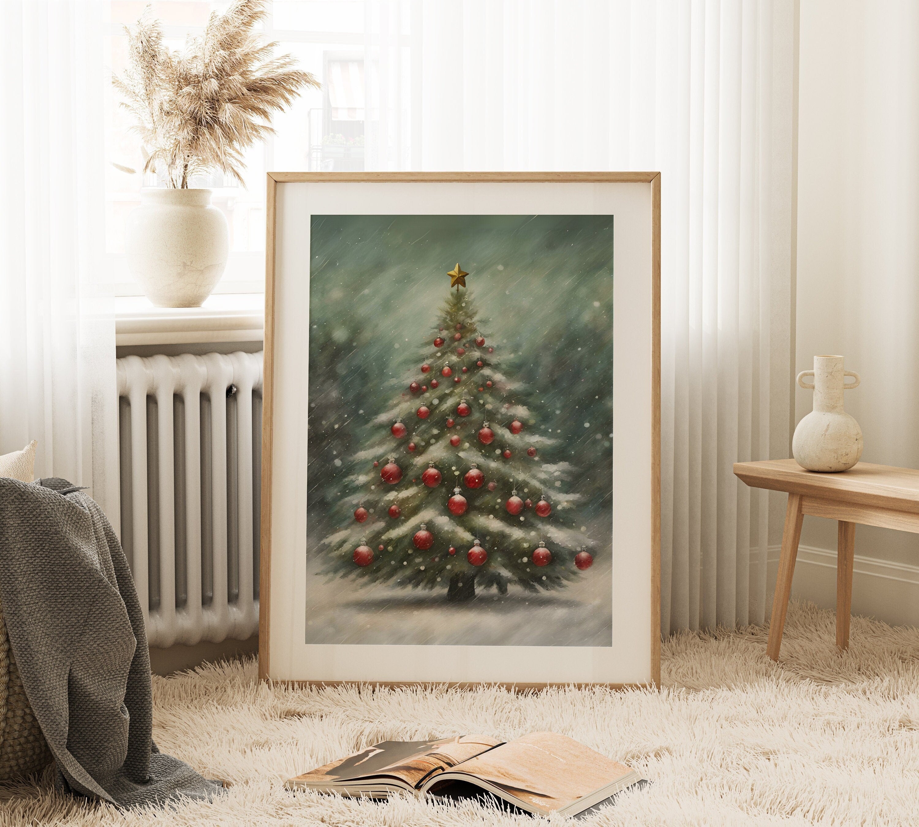 Beautiful vintage Christmas tree with snow-covered branches and colorful ornaments