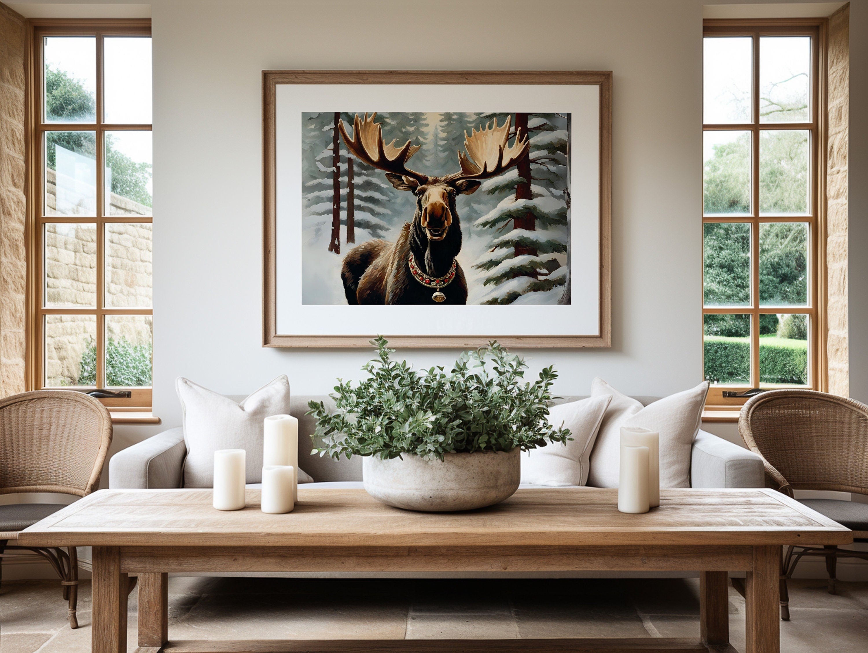 Beautifully illustrated moose wall art with a festive Christmas theme