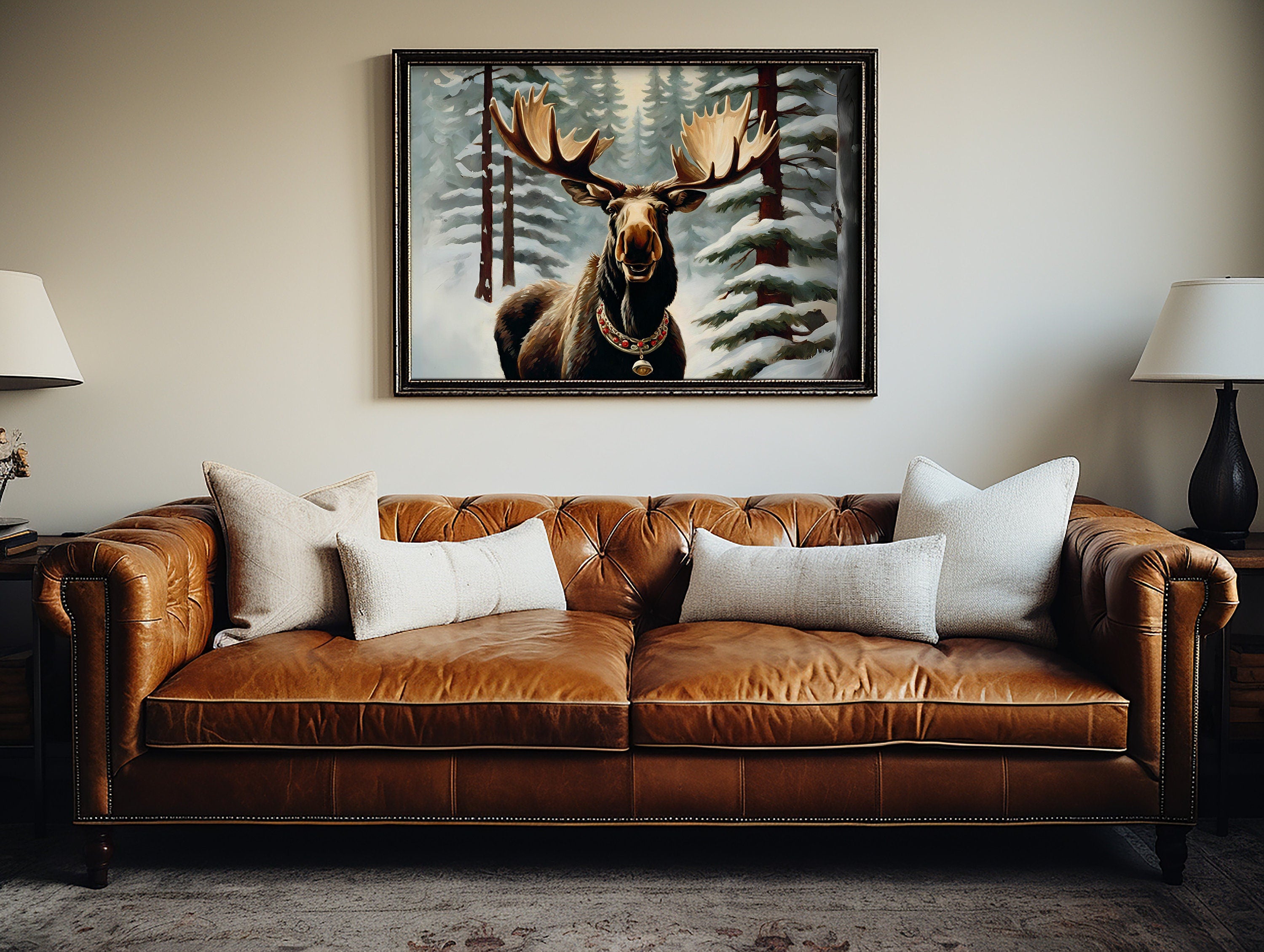 Vintage Christmas moose wall art digital download for instant decor