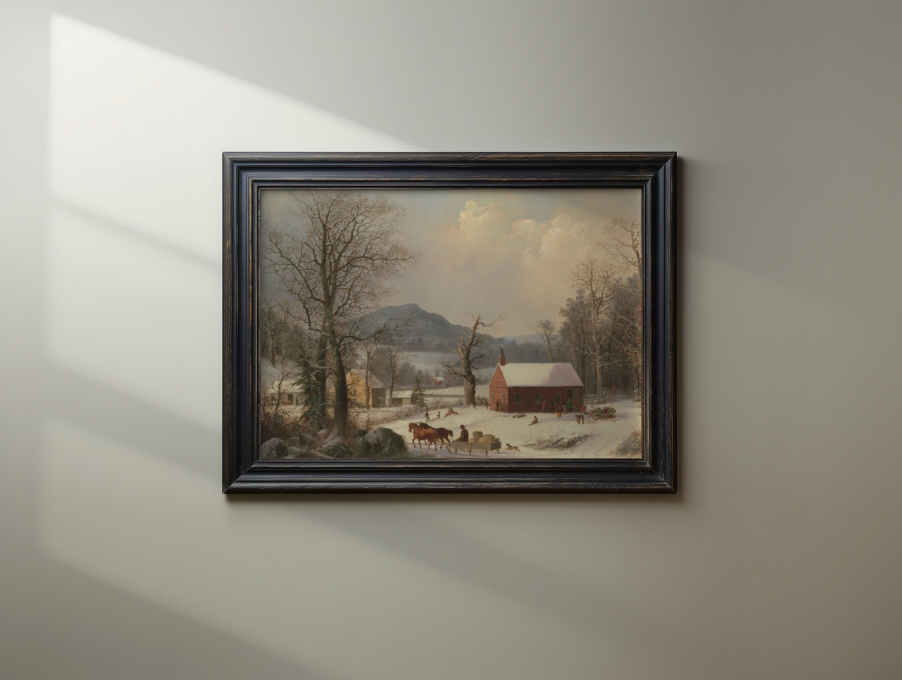 Downloadable art of a winter scene with a quaint red school house