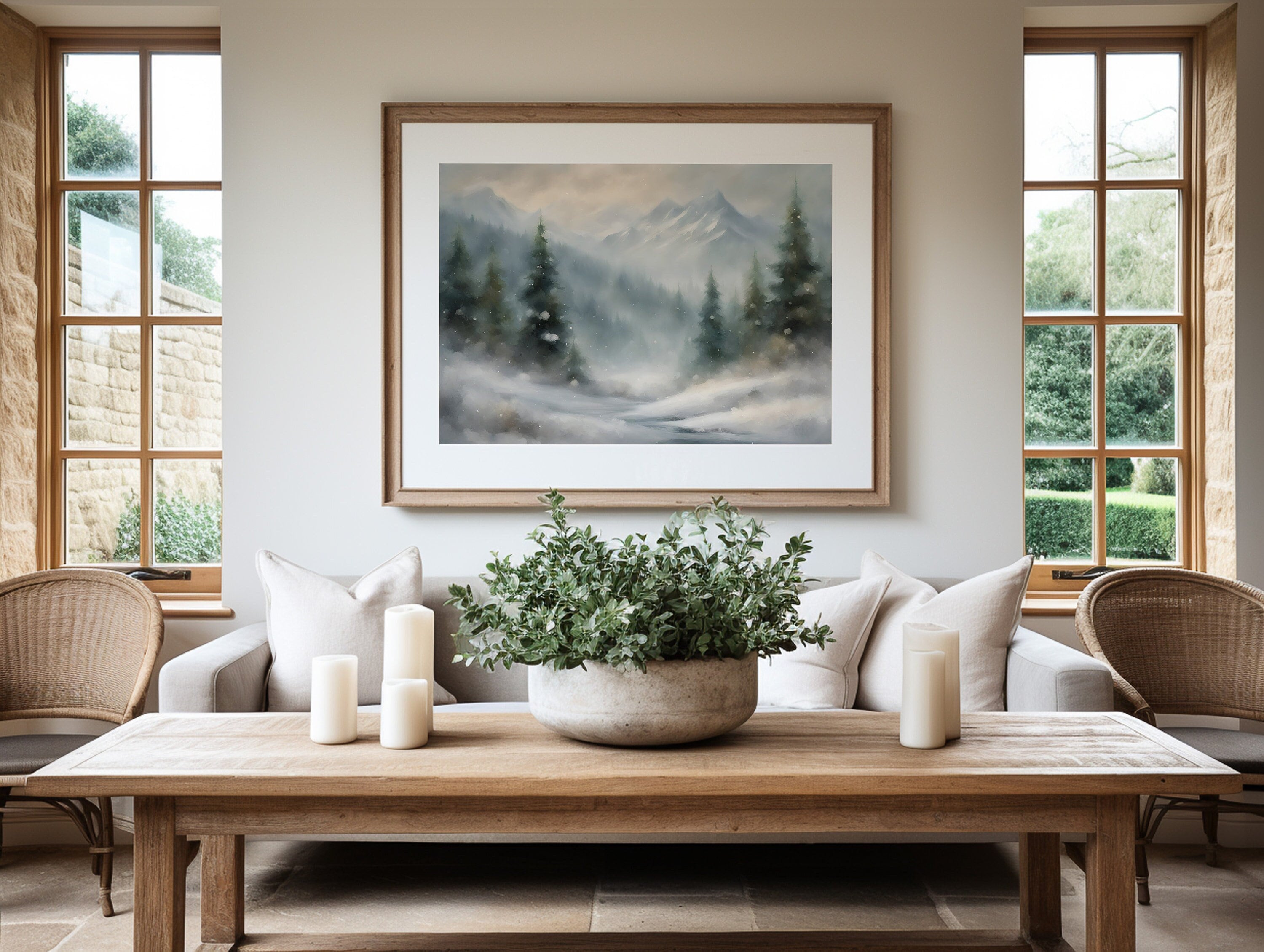 Snowy landscape painting with a vintage feel and a pine tree