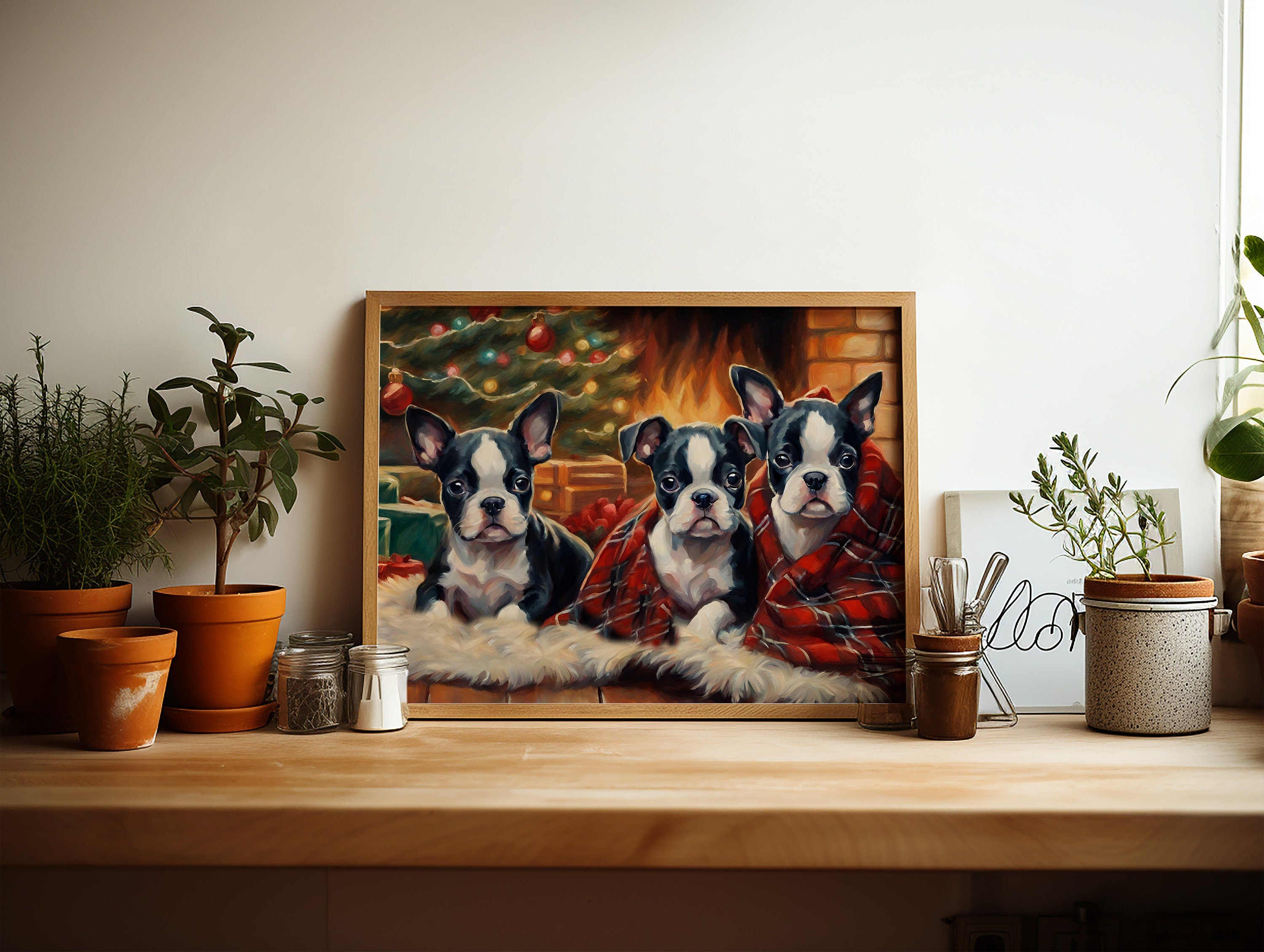 Whimsical wall print featuring a vintage-style illustration of a Boston Terrier